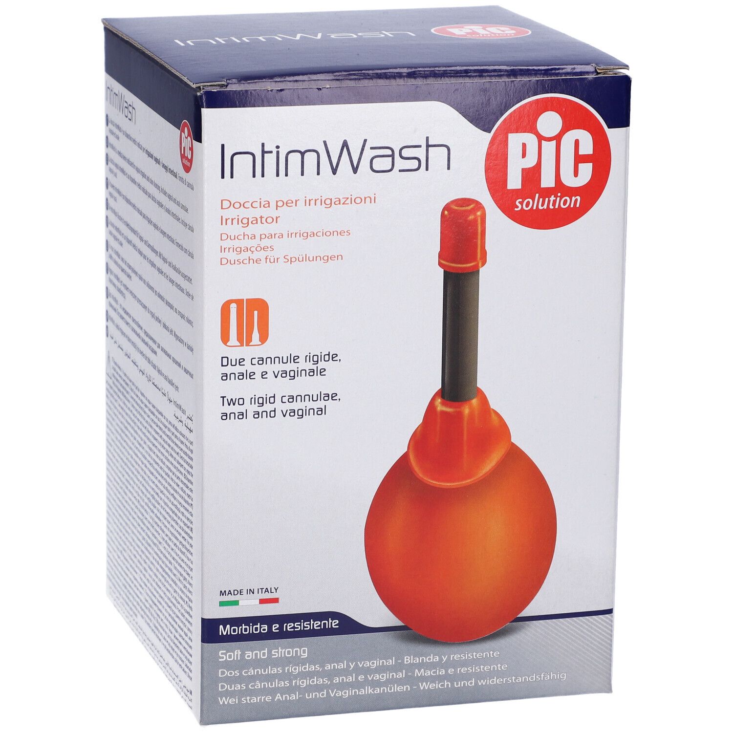 Confezione IntimWash. Irrigatorio arancione, tubo nero, cappuccio rosso. Logo PIC. Vista frontale.