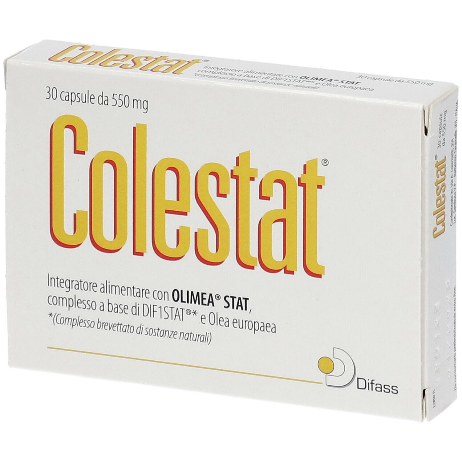 Scatola di capsule Colestat. Scritta gialla su sfondo bianco. 30 capsule da 550 mg.