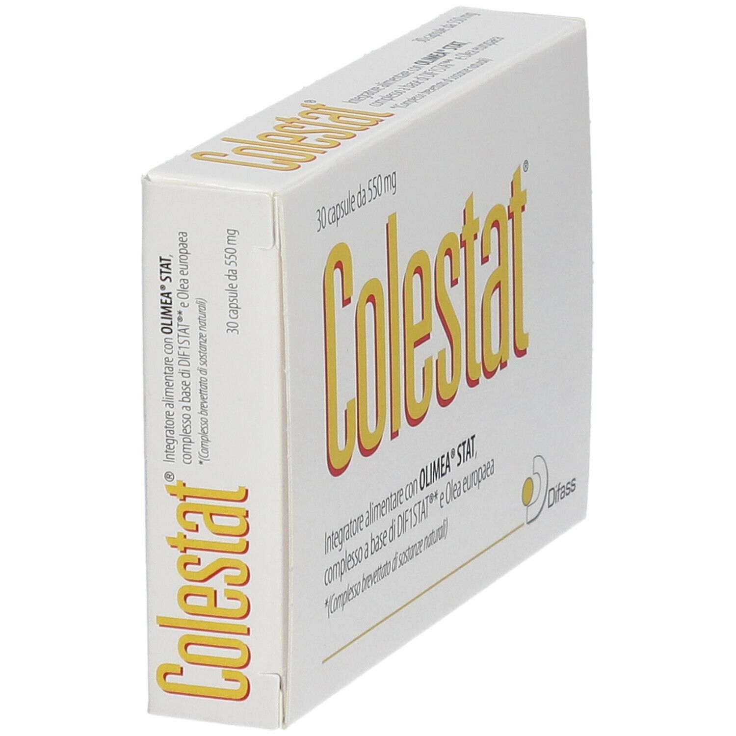 Scatola di capsule Colestat in prospettiva. Scritta gialla su sfondo bianco. 30 capsule.