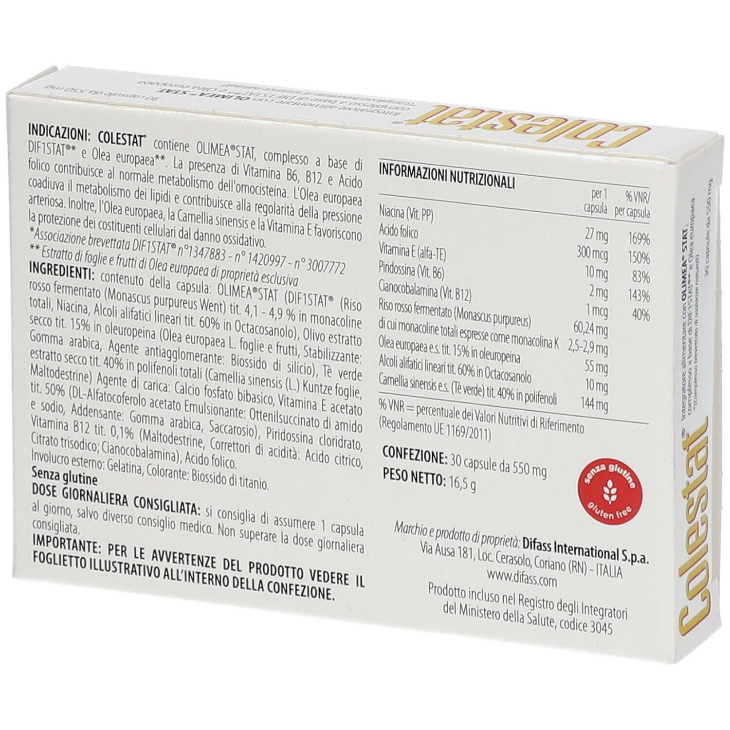 Retro della scatola Colestat. Contiene informazioni sugli ingredienti e i valori nutrizionali. Senza glutine.