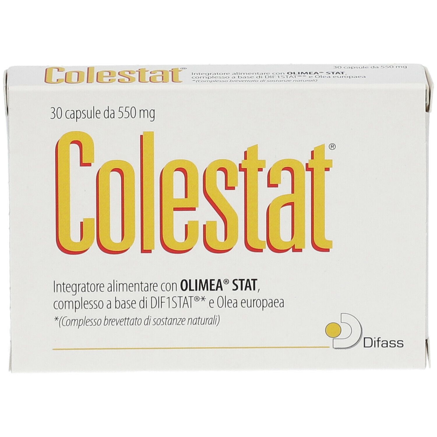 Scatola di capsule Colestat. Scritta gialla su sfondo bianco. 30 capsule da 550 mg.