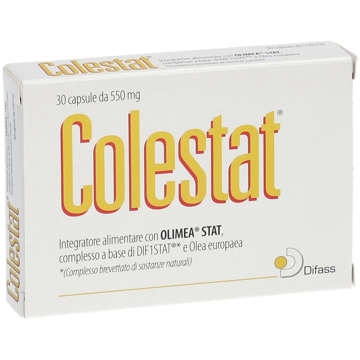 Scatola di capsule Colestat. Scritta gialla su sfondo bianco. 30 capsule da 550 mg.