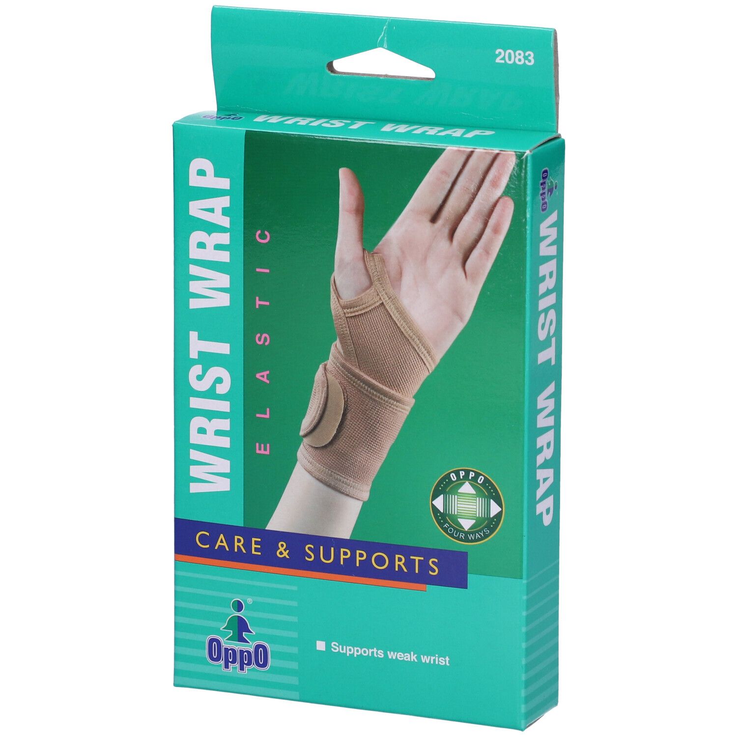 Confezione con tutore per polso. Scritta: WRIST WRAP, CARE & SUPPORTS, Oppo.