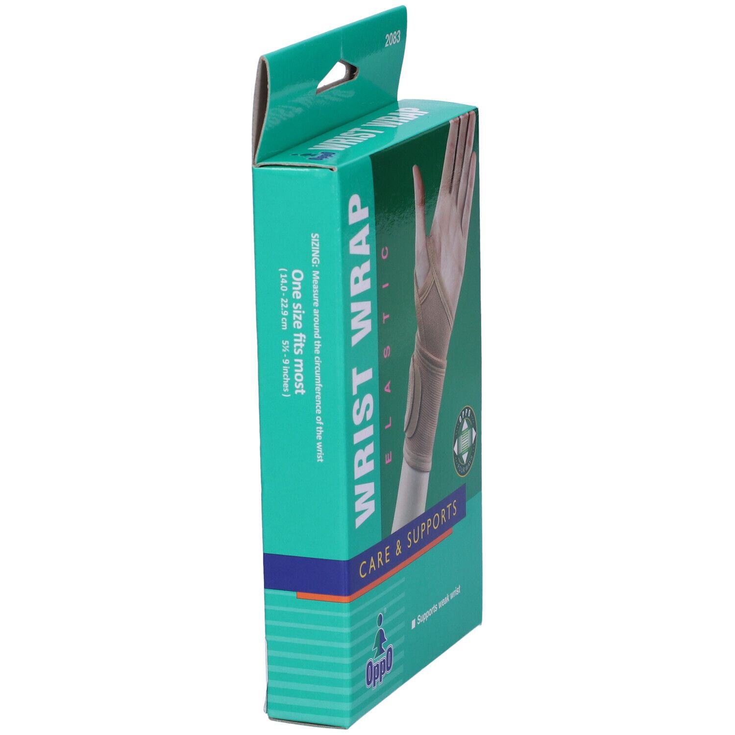 Confezione, vista laterale. Scritta: WRIST WRAP, CARE & SUPPORTS, Oppo. Taglia: One size fits most.