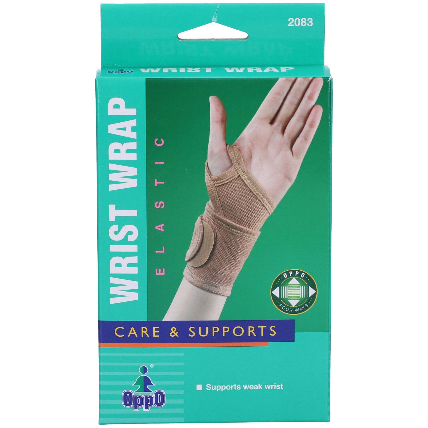 Confezione con tutore per polso. Scritta: WRIST WRAP, CARE & SUPPORTS, Oppo.