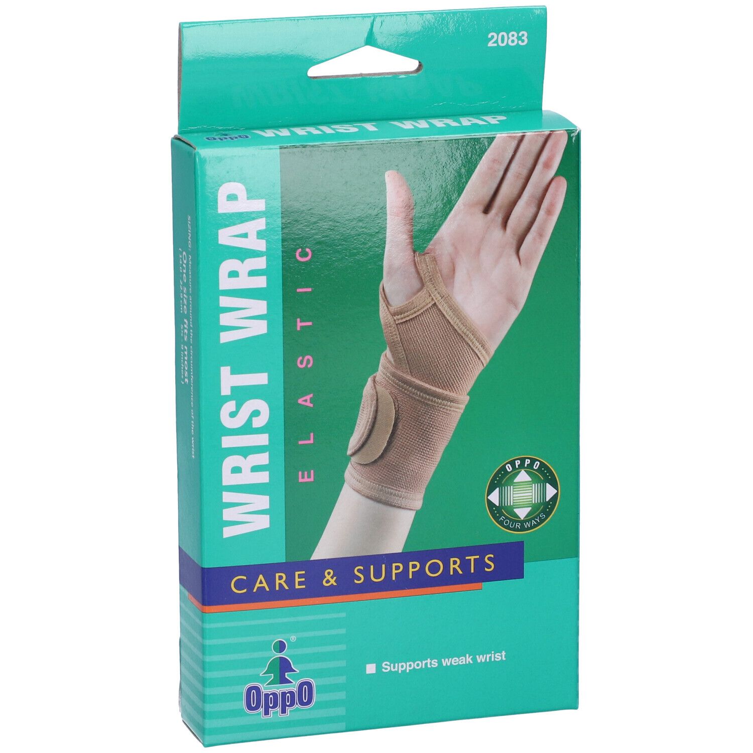 Confezione con tutore per polso. Scritta: WRIST WRAP, CARE & SUPPORTS, Oppo.
