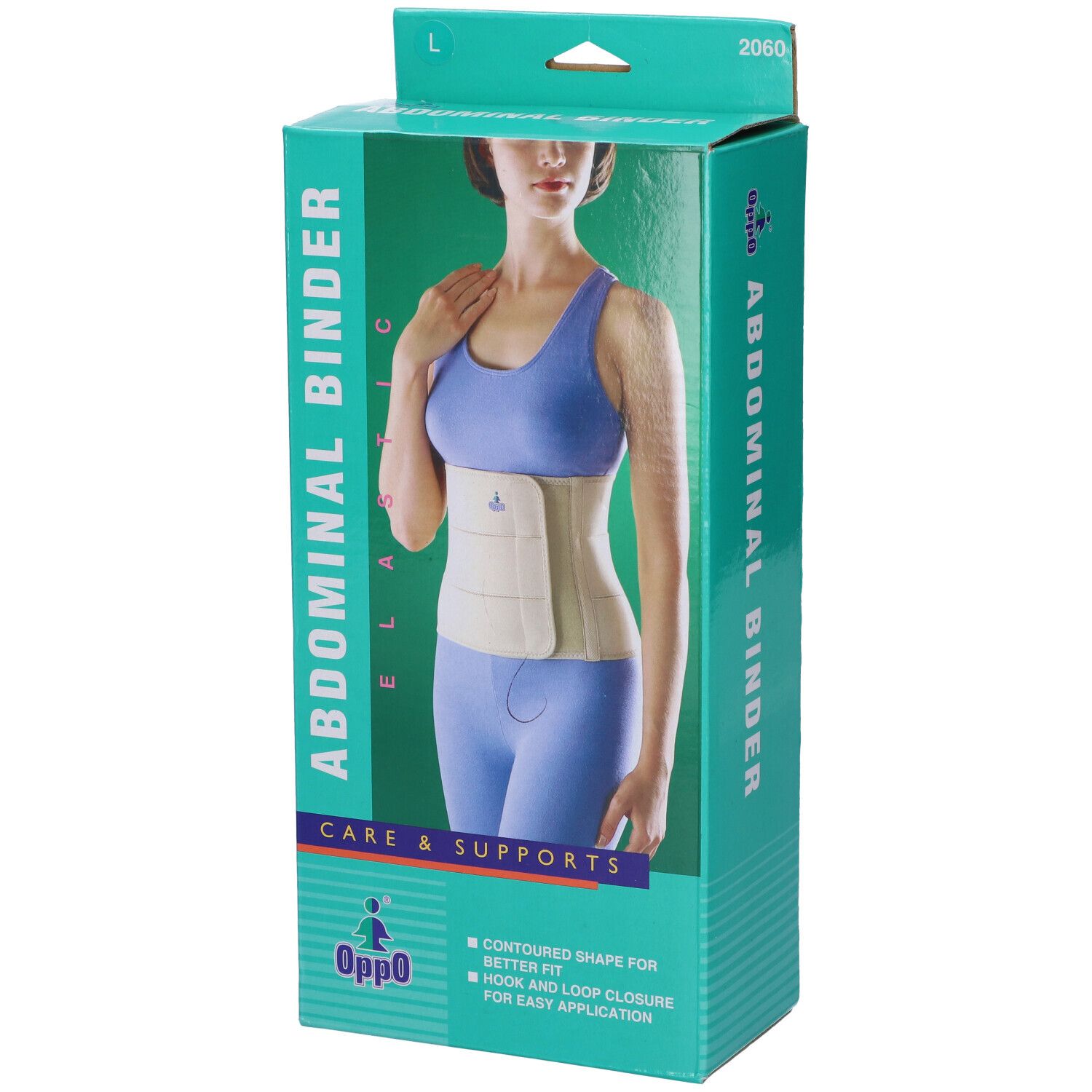 Confezione Oppo Fascia Elastica Addominale. Donna con fascia. Scritte: Abdominal Binder, Care & Supports, L, 2060.