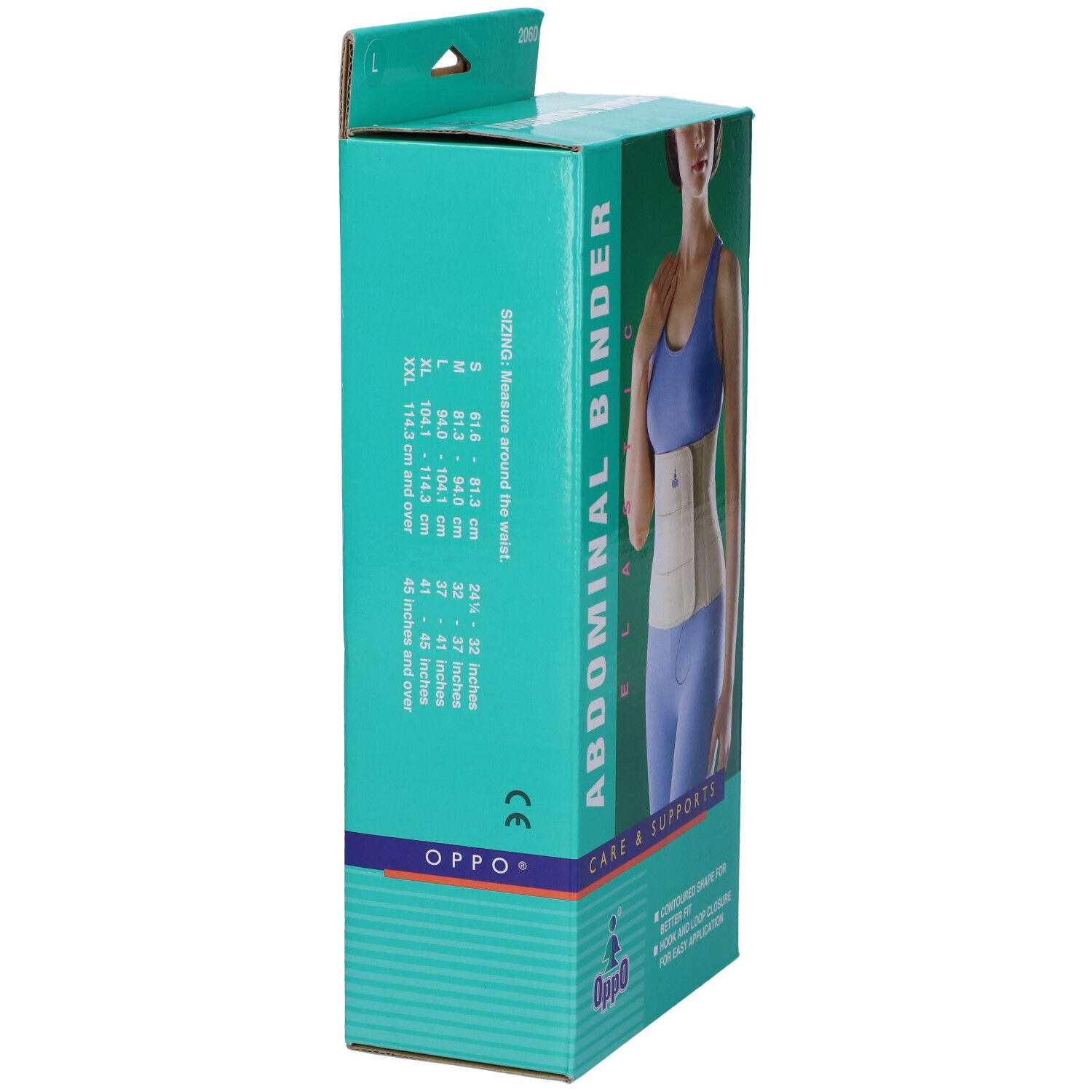 Lato confezione Oppo Fascia Elastica Addominale. Indicazioni taglie. Scritte: Abdominal Binder, Oppo, marchio CE.