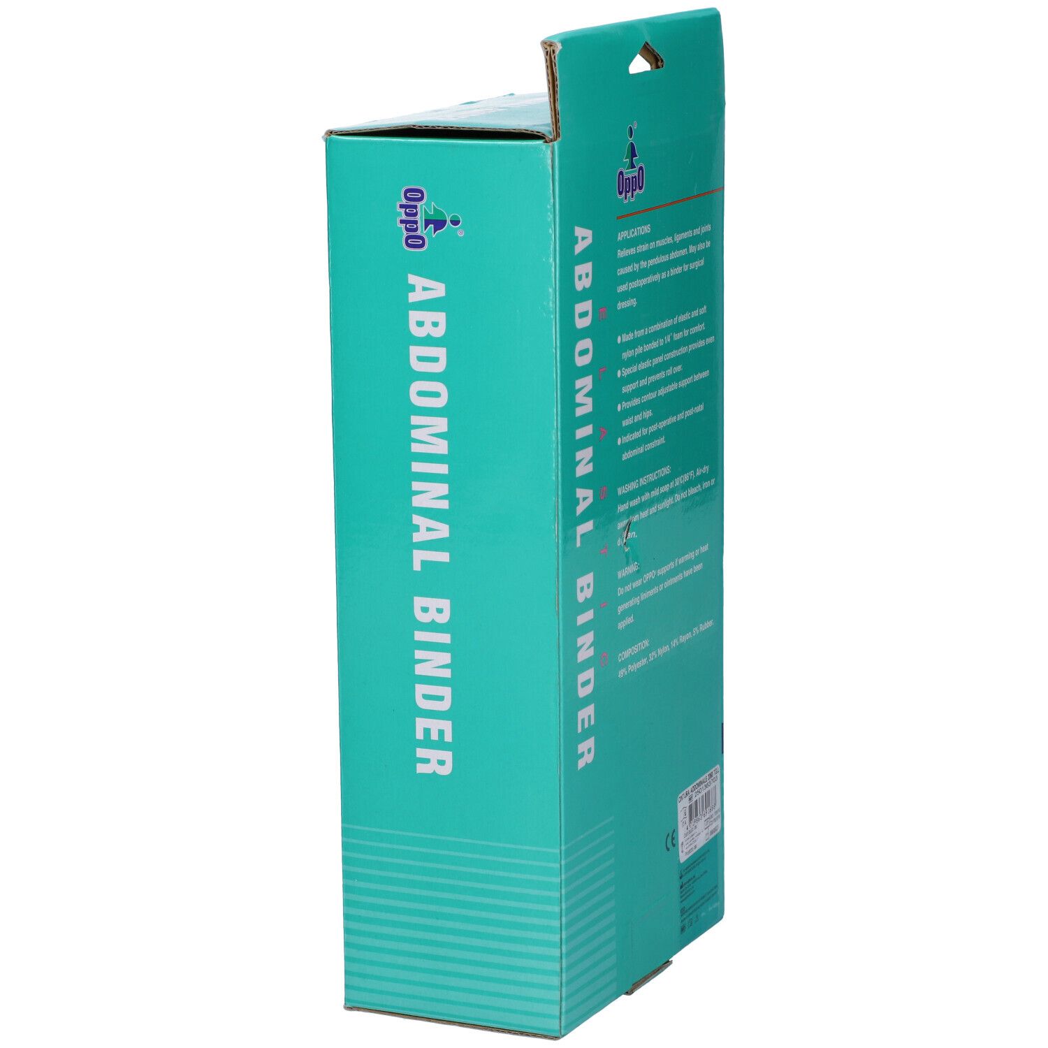 Lato confezione Oppo Fascia Elastica Addominale. Scritte: Abdominal Binder, Oppo, marchio CE.
