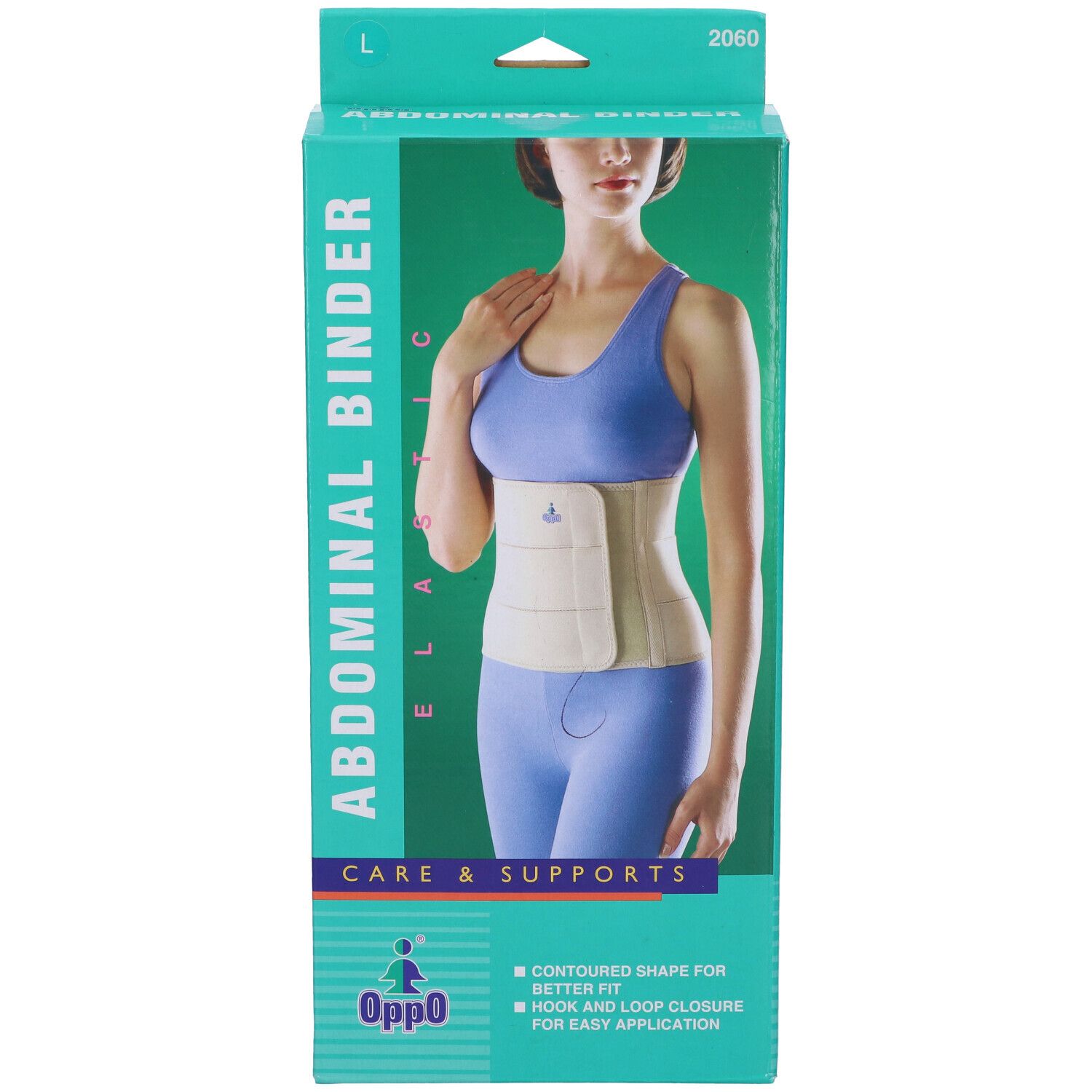 Confezione Oppo Fascia Elastica Addominale. Donna con fascia. Scritte: Abdominal Binder, Care & Supports, L, 2060.
