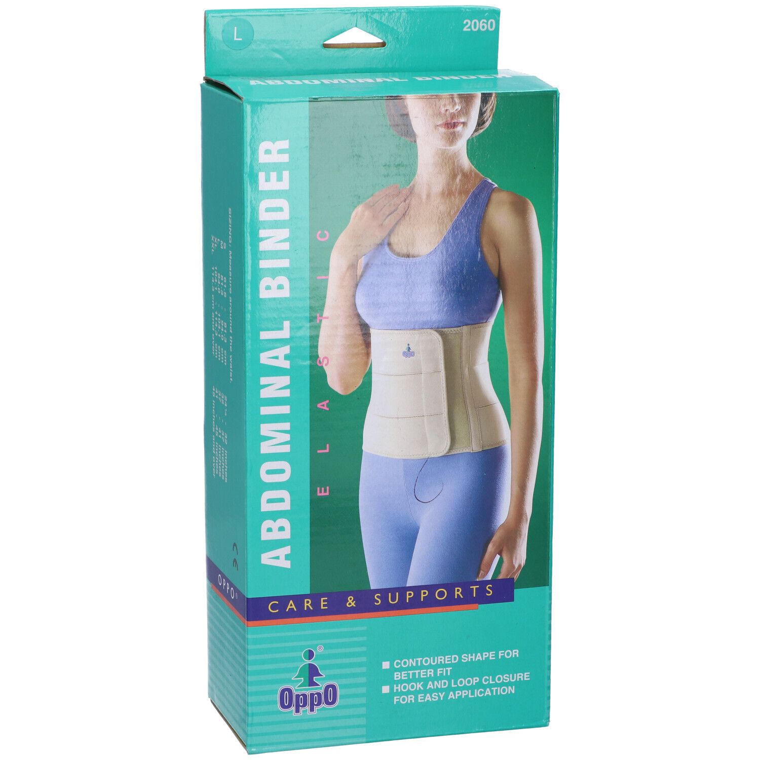 Confezione Oppo Fascia Elastica Addominale. Donna con fascia. Scritte: Abdominal Binder, Care & Supports, L, 2060.