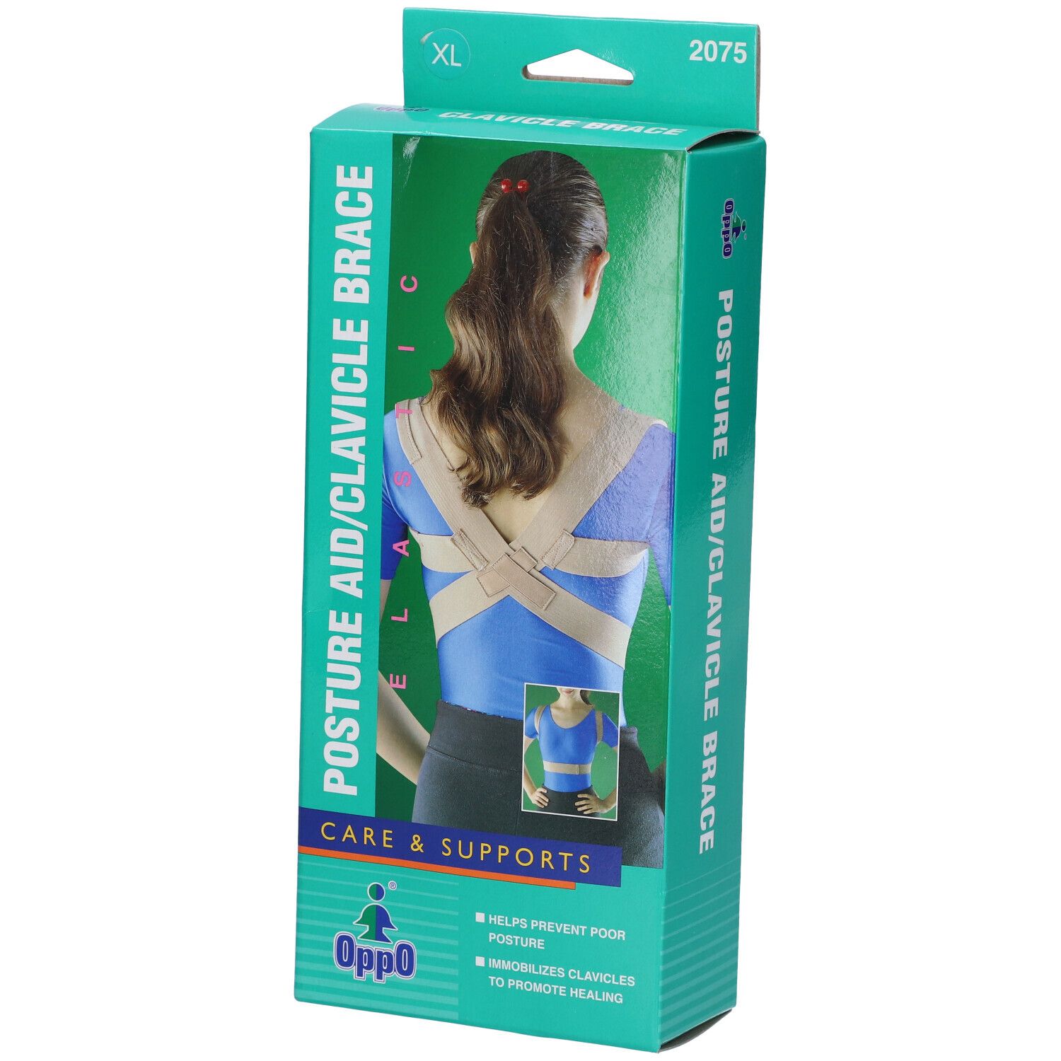 Scatola Oppo Correttore Scoliosi 2075 XL. Immagine di donna con prodotto. Testo: Posture Aid/Clavicle Brace, Care & Supports.