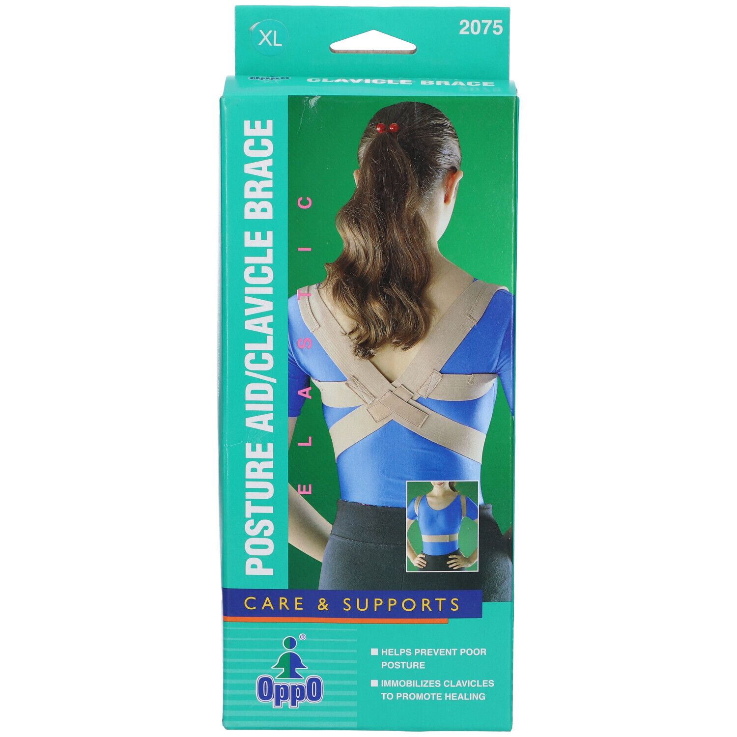 Scatola Oppo Correttore Scoliosi 2075 XL. Immagine di donna con prodotto. Testo: Posture Aid/Clavicle Brace, Care & Supports.