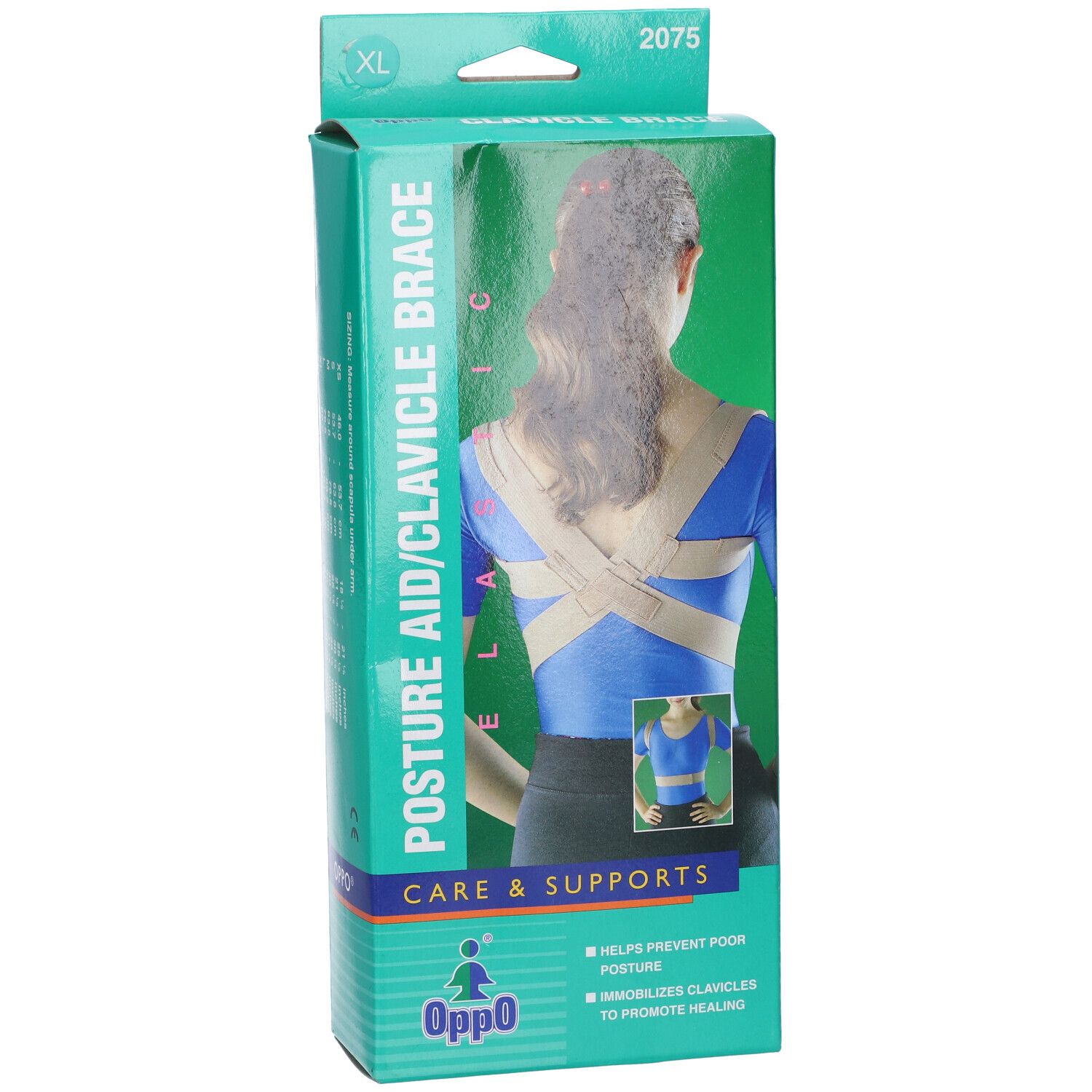 Scatola Oppo Correttore Scoliosi 2075 XL. Immagine di donna con prodotto. Testo: Posture Aid/Clavicle Brace, Care & Supports.
