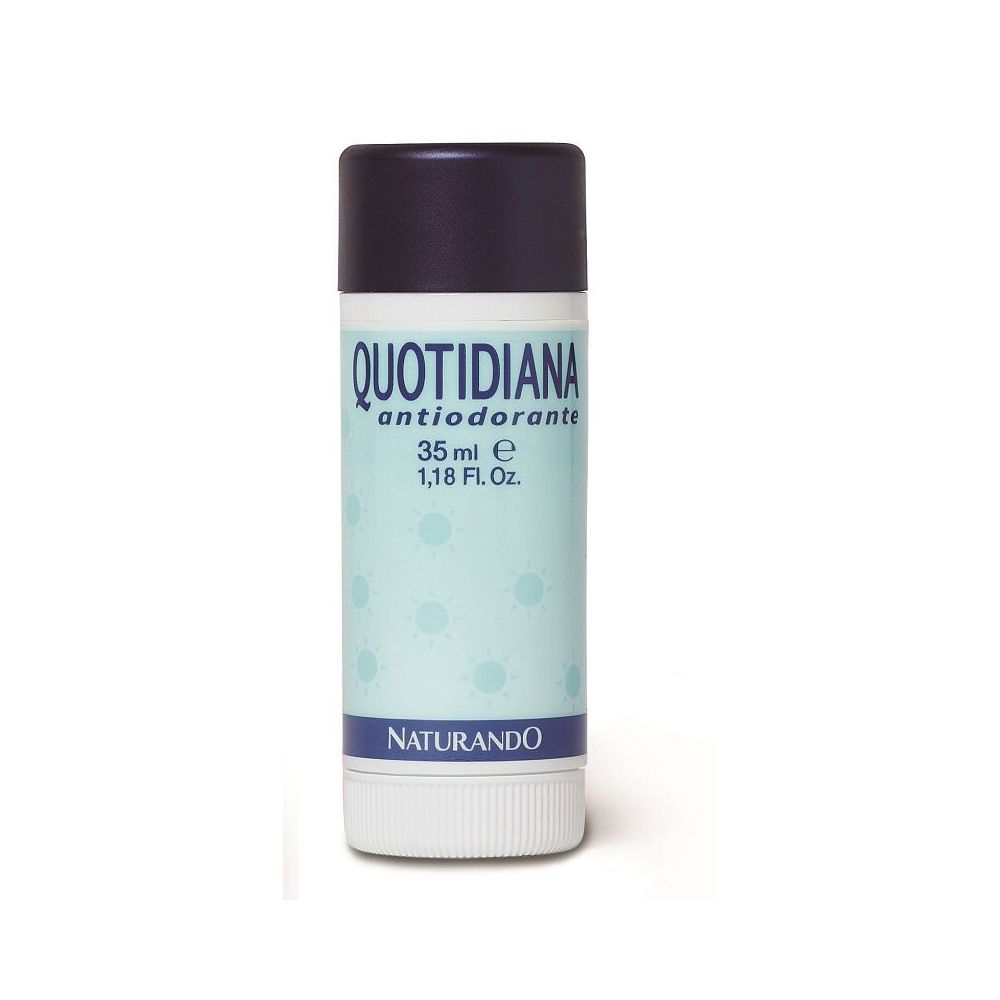 Stick deodorante. Forma cilindrica, tappo blu scuro. Scritta: Quotidiana Antiodorante, 35 ml, Naturando.