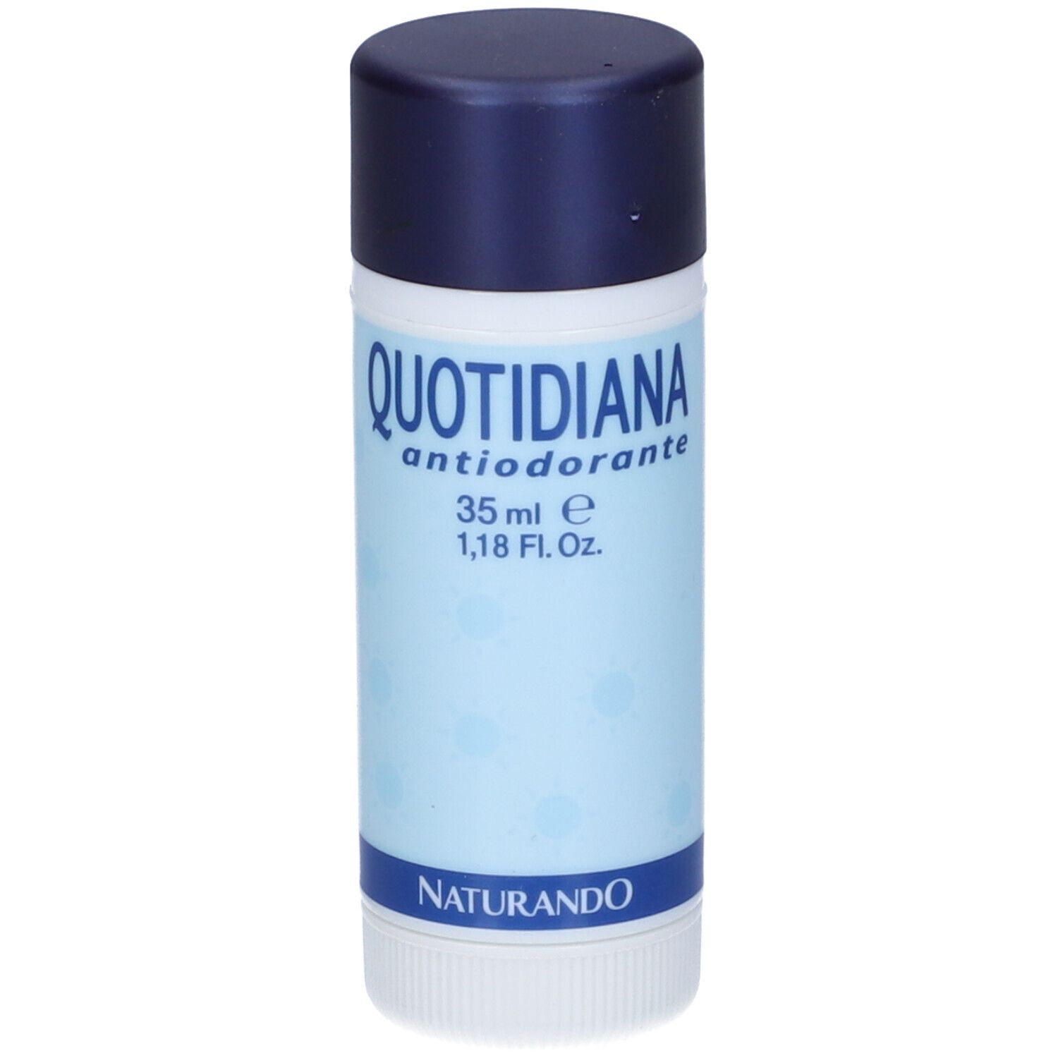 Stick deodorante cilindrico con tappo blu scuro. Scritta: Quotidiana Antiodorante, 35 ml, Naturando.