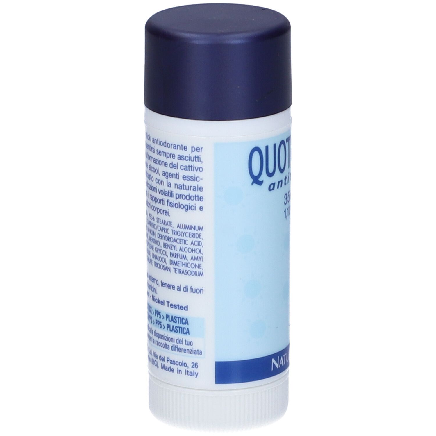 Stick deodorante con testo blu e ingredienti. Scritta: Quotidiana Antiodorante, 35 ml. Contiene ingredienti.