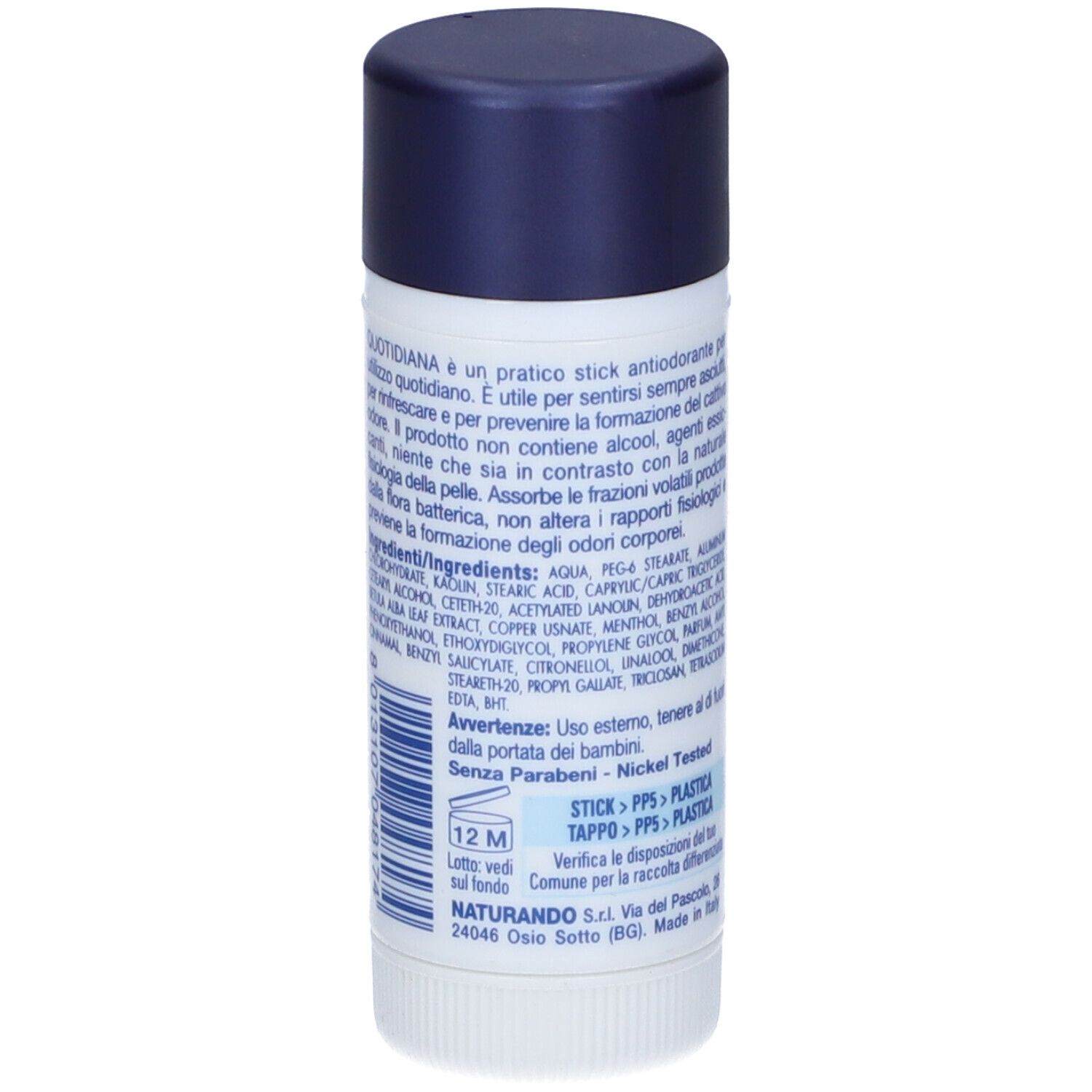 Stick deodorante con testo blu e informazioni sul prodotto. Scritta: Quotidiana Antiodorante, 35 ml. Durata 12M.