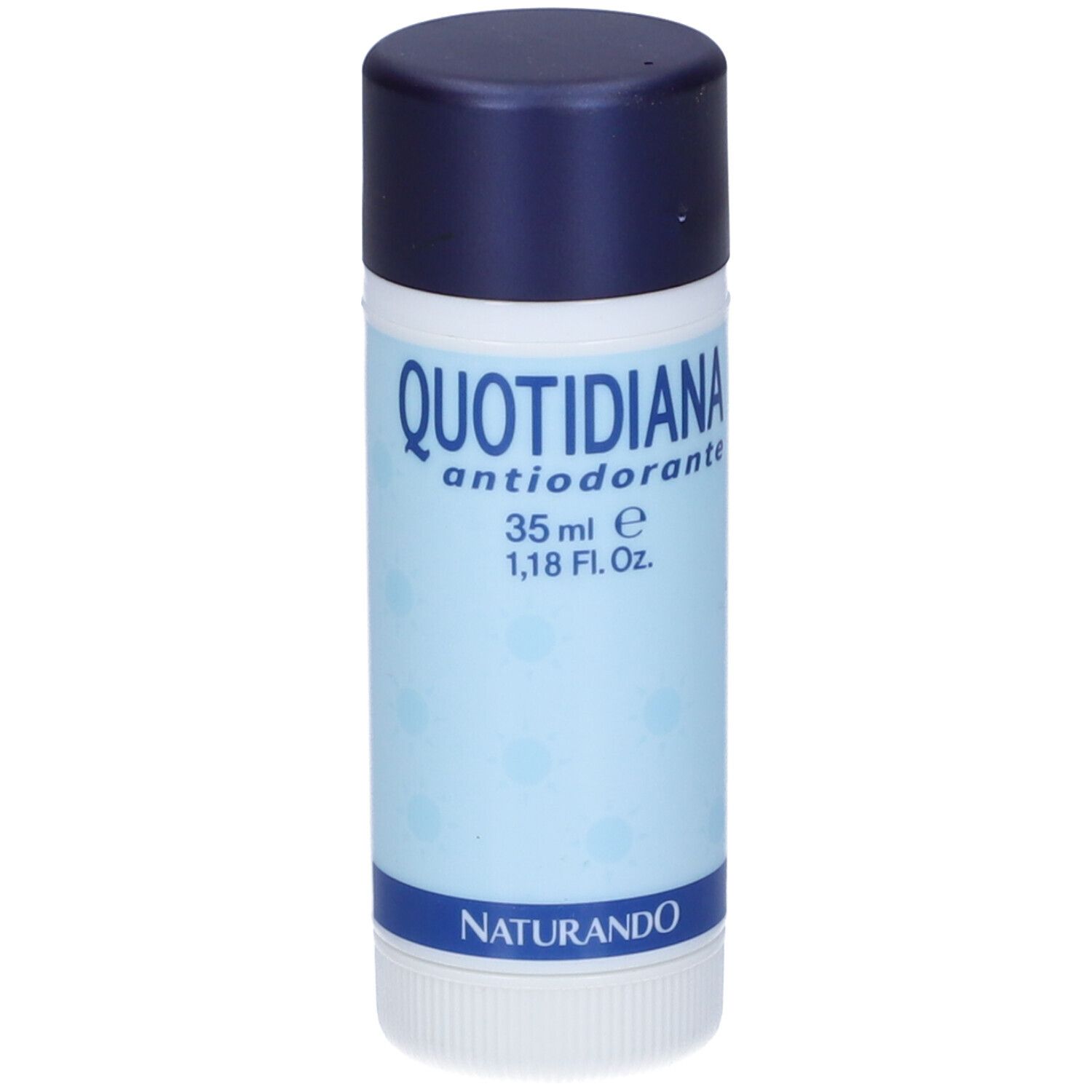 Stick deodorante cilindrico con tappo blu scuro. Scritta: Quotidiana Antiodorante, 35 ml, Naturando.