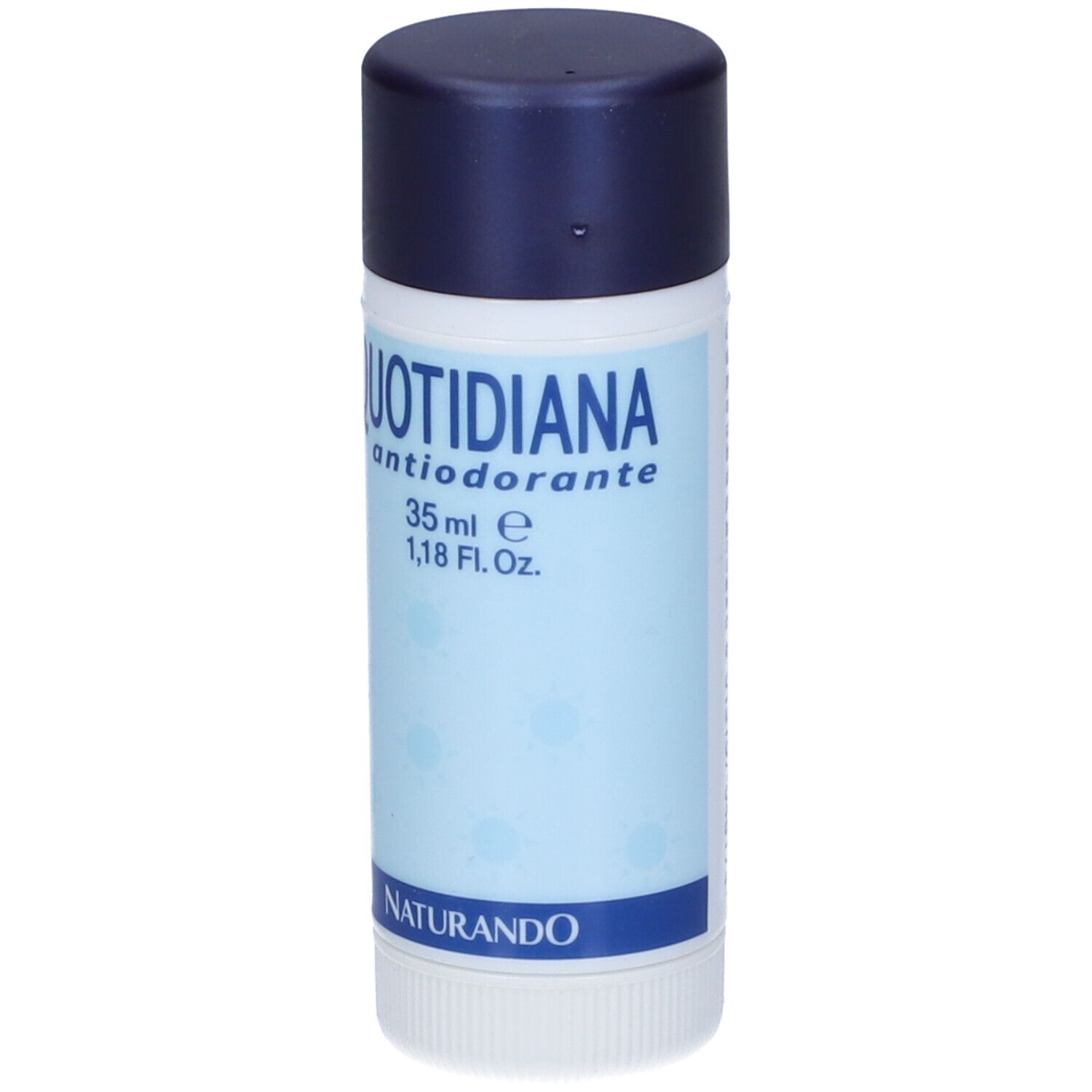 Stick deodorante cilindrico con tappo blu scuro. Scritta: Quotidiana Antiodorante, 35 ml, Naturando.