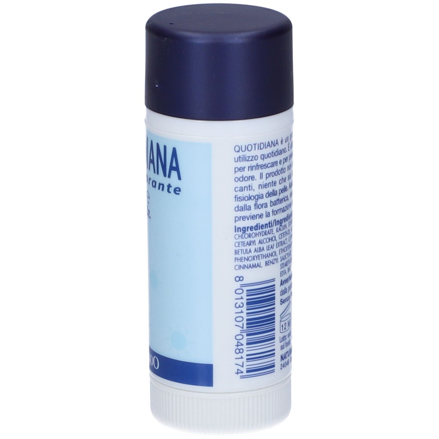 Stick deodorante con testo blu e informazioni sul prodotto. Scritta: Quotidiana Antiodorante, 35 ml. Contiene ingredienti.