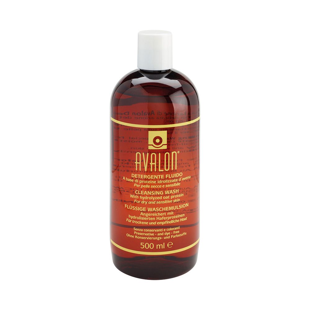 Braune Flasche mit weißem Deckel. Beschriftung: AVALON, Reinigungslotion, 500 ml.