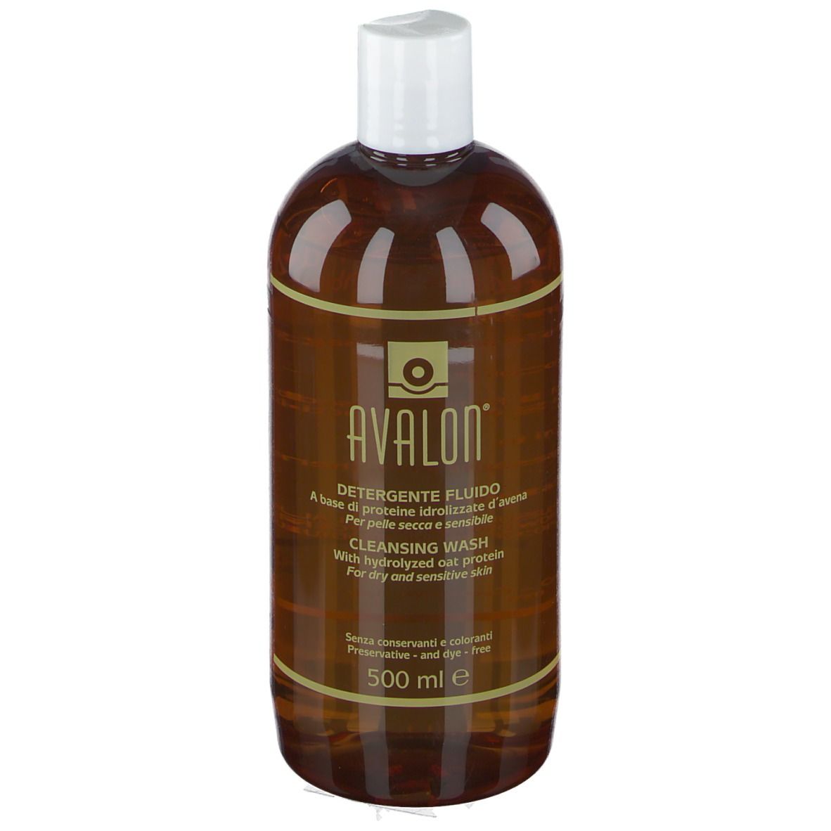 Braune Flasche mit weißem Deckel. Beschriftung: AVALON, Reinigungslotion, 500 ml.