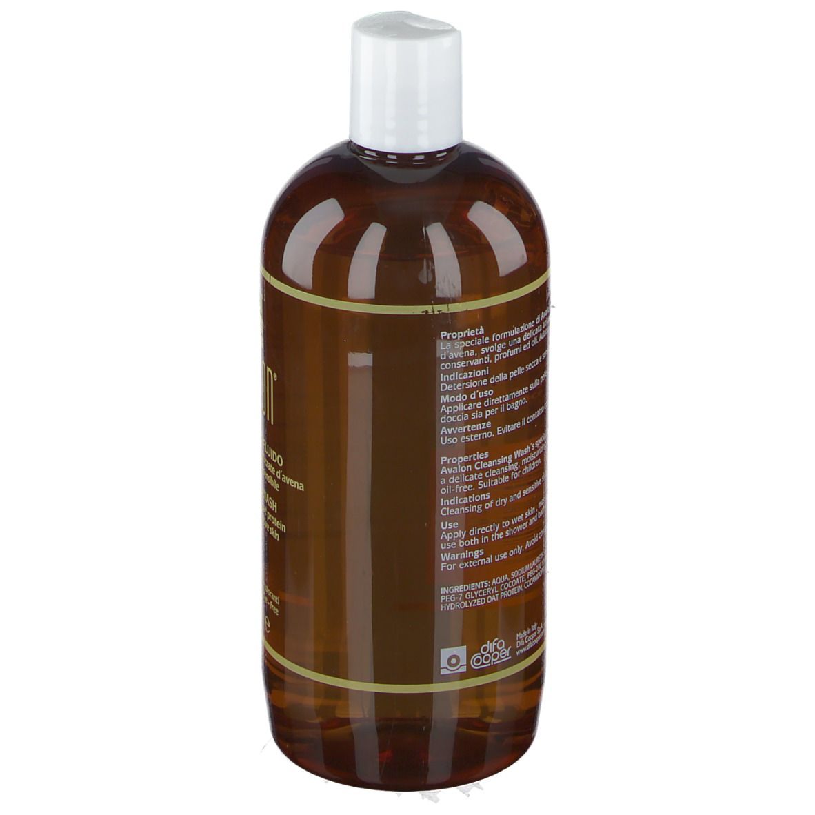 Rückansicht einer braunen Flasche mit weißem Deckel. Text auf Italienisch und Englisch.