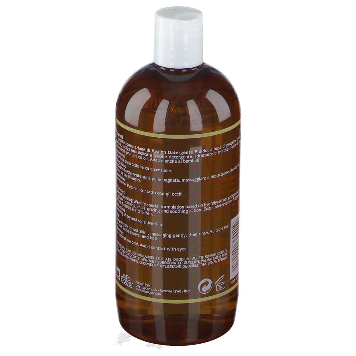 Rückansicht einer braunen Flasche mit weißem Deckel. Text auf Italienisch und Englisch.