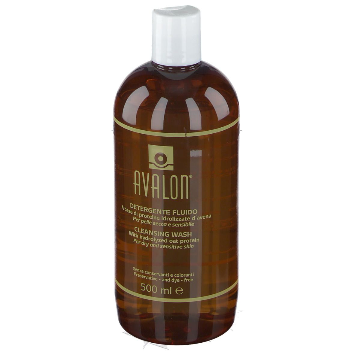 Braune Flasche mit weißem Deckel. Beschriftung: AVALON, Reinigungslotion, 500 ml.