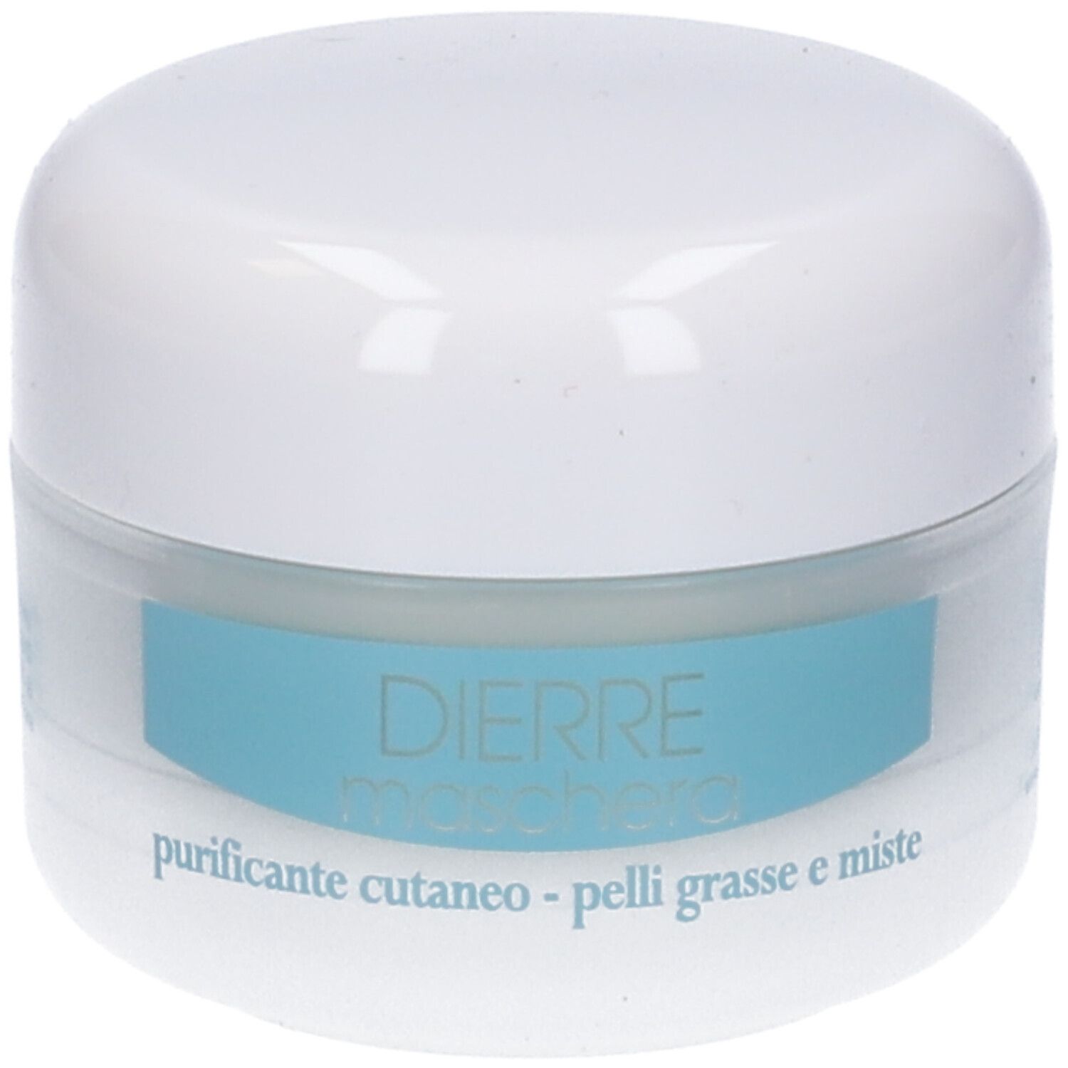 Vasetto bianco con etichetta blu. Scritta: Dierre Maschera, per pelli grasse.