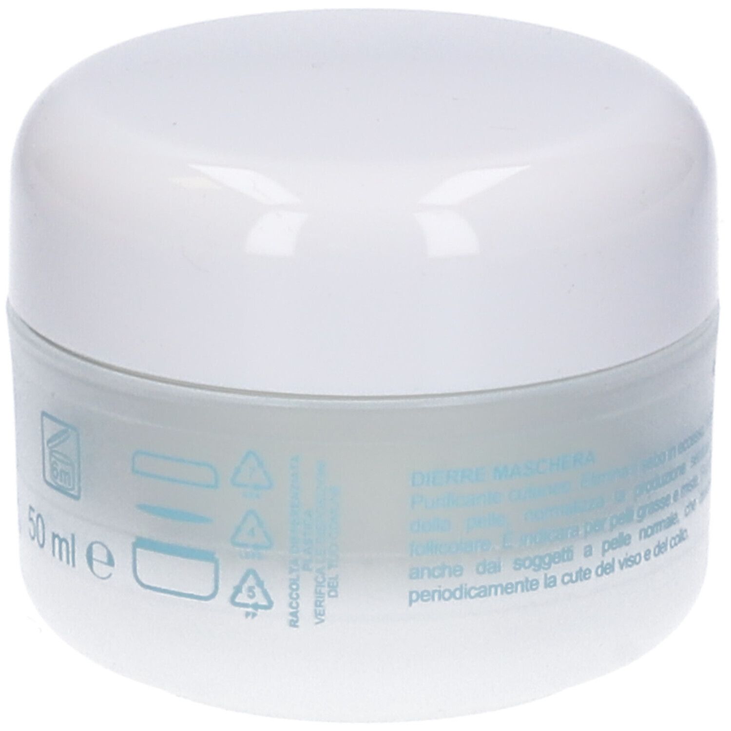 Vasetto bianco con scritta blu. Testo: Dierre Maschera, per pelli grasse.