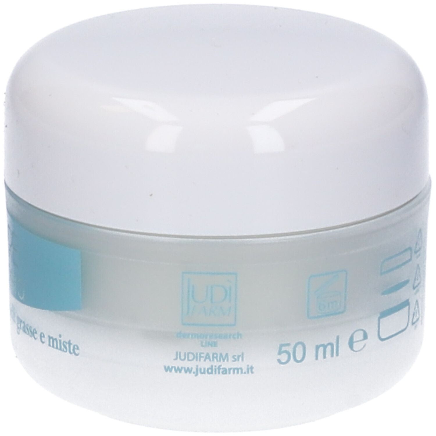 Vasetto bianco con scritta blu. Testo: Dierre Maschera, per pelli grasse.