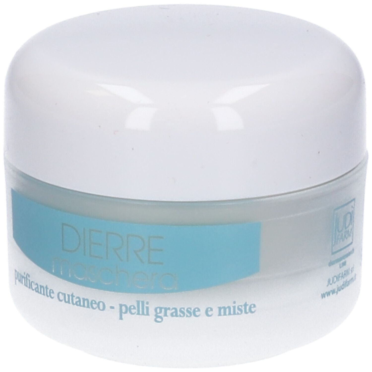 Vasetto bianco con scritta blu. Testo: Dierre Maschera, per pelli grasse.