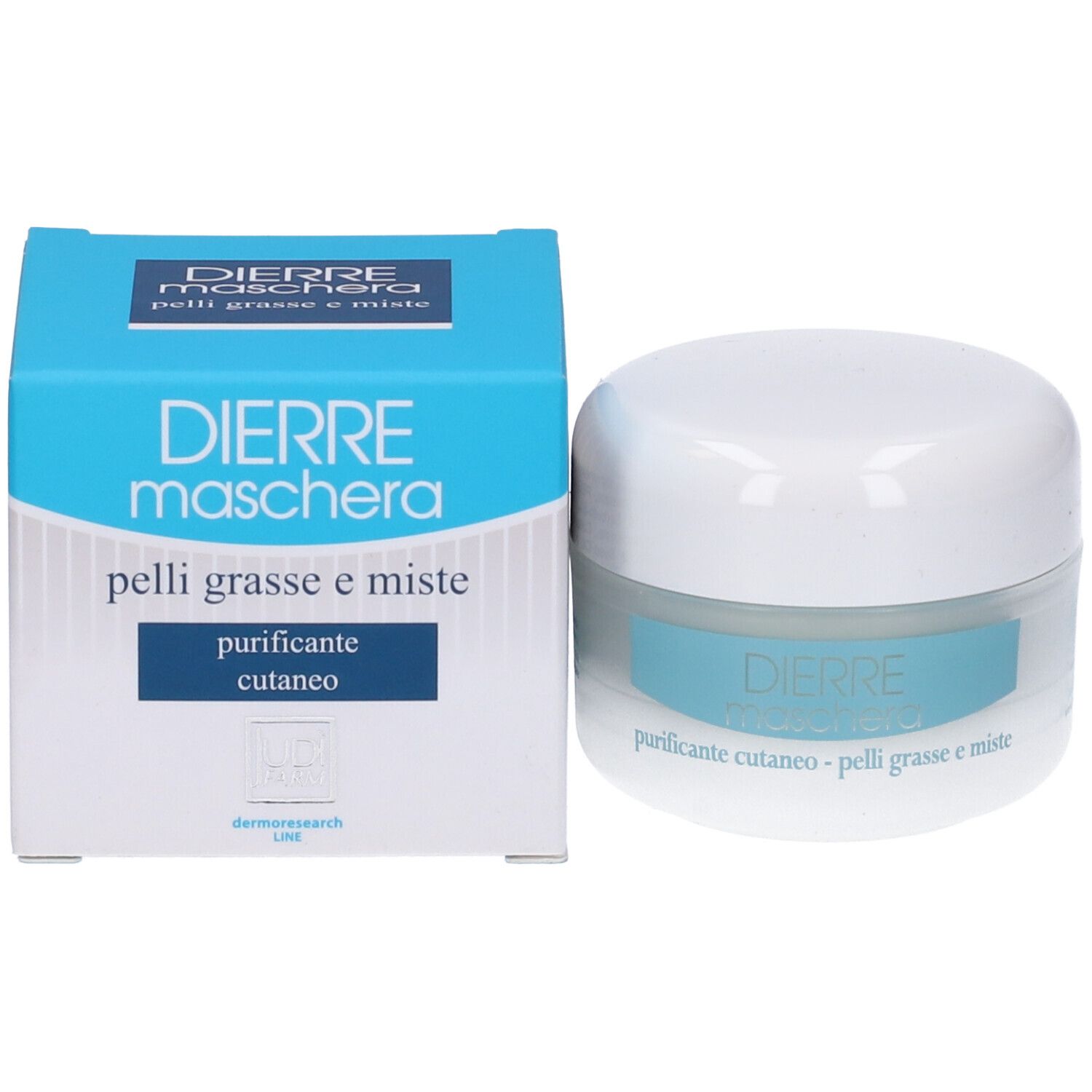 Barattolo di crema e confezione. Scritta: Dierre Maschera, per pelli grasse.