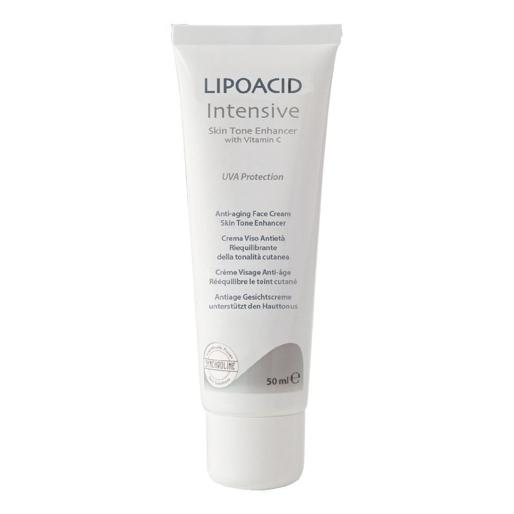 Tubo bianco LIPOACID Intensive. Crema viso anti-età con vitamina C e protezione UVA. Contenuto 50 ml.