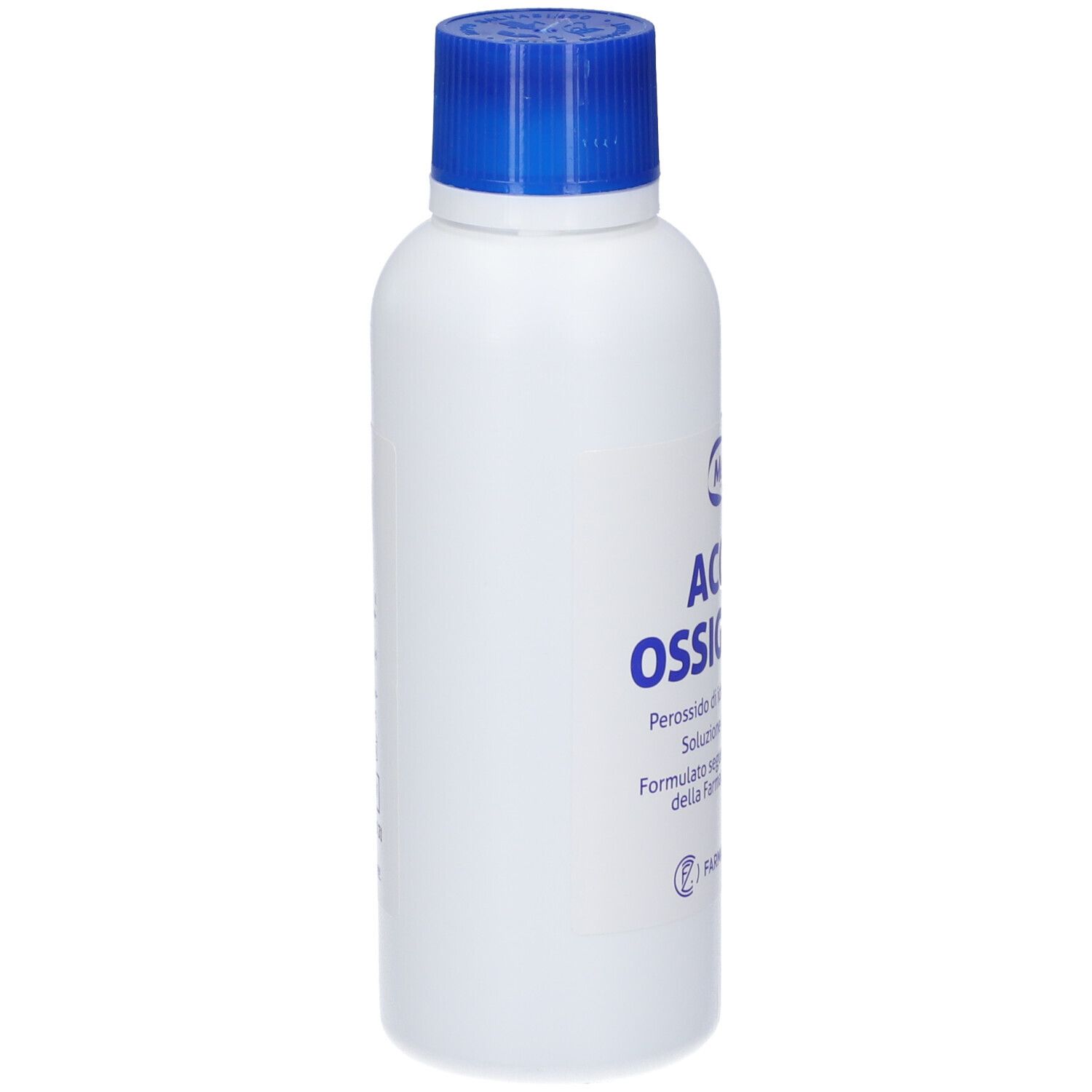 Weiße Flasche mit blauem Deckel, Seitenansicht, enthält Wasserstoffperoxid.