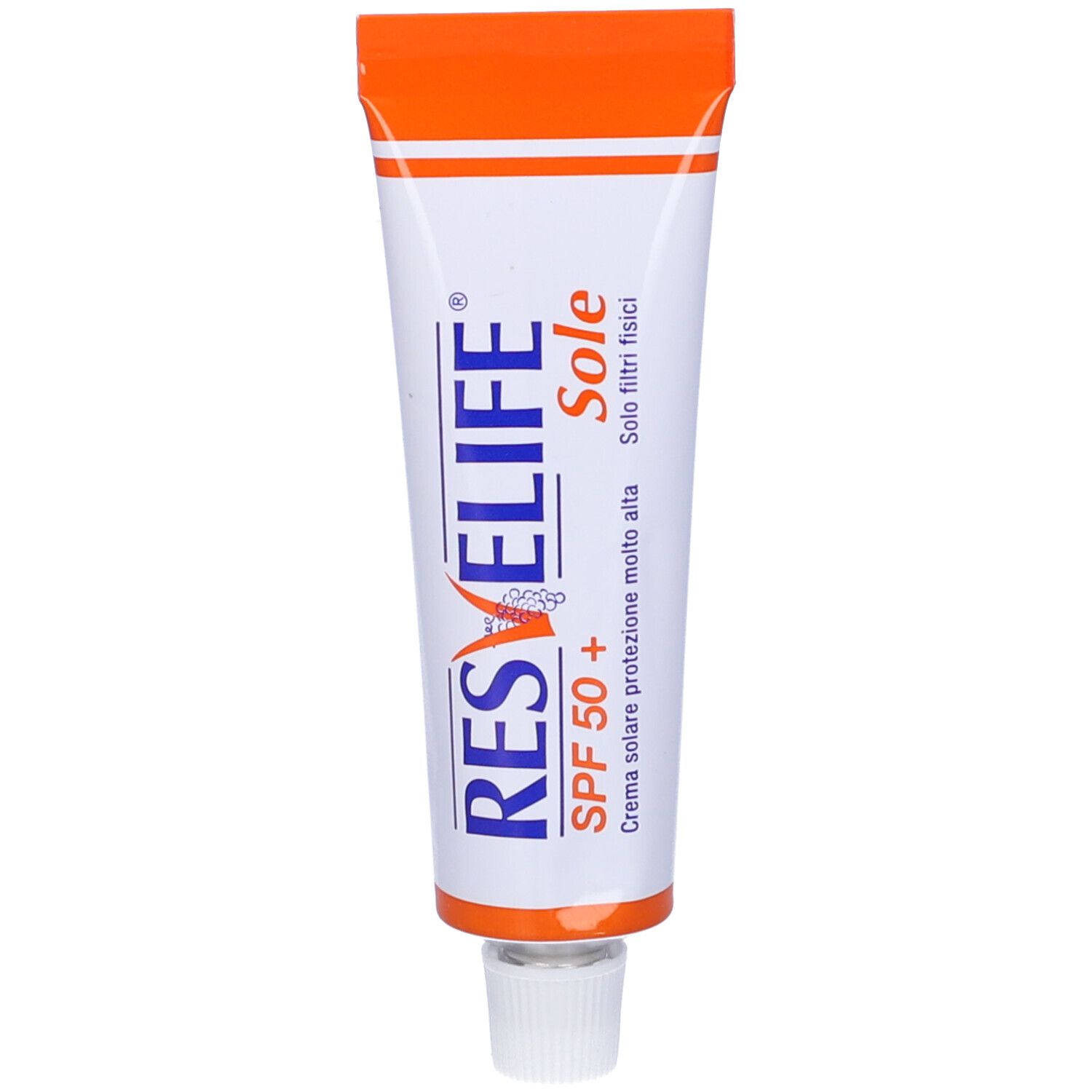 Tubo bianco, tappo arancione. Scritto: Resvelife Sole SPF 50+. Testo: Crema solare protezione molto alta. Solo filtri fisici.