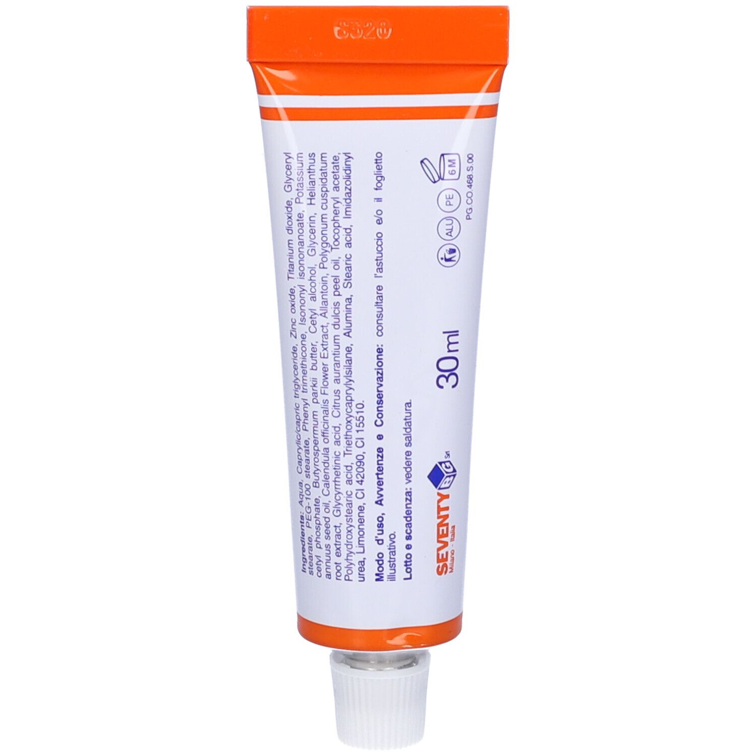 Retro del tubo. Testo: Ingredienti, istruzioni per l'uso, 30 ml. Logo: Seventy. Scritto: Modo d'uso, Avvertenze e Conservazione.