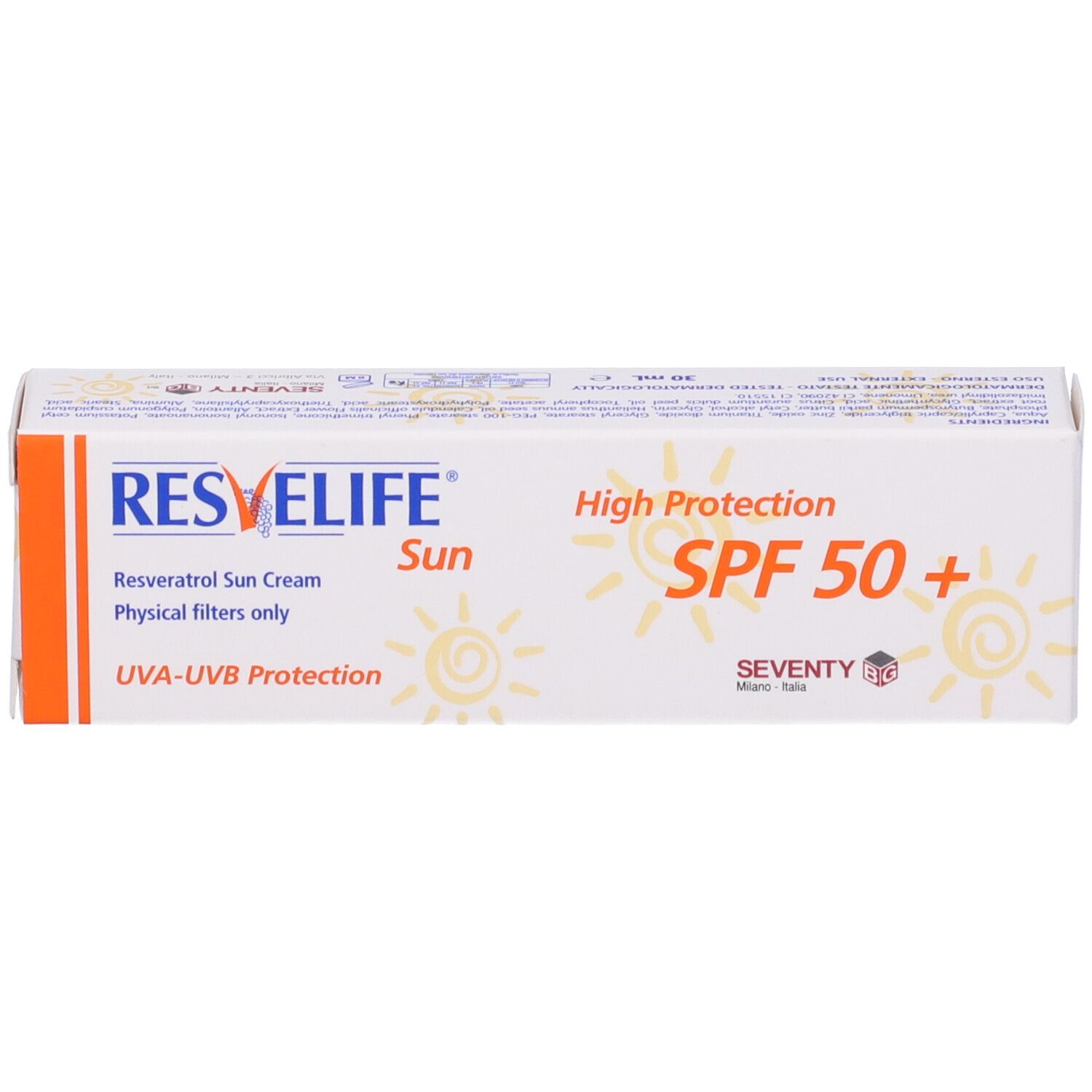 Scatola di crema solare. Scritto: Resvelife Sun SPF 50+. Testo: Resveratrol Sun Cream. Solo filtri fisici. Protezione UVA-UVB.