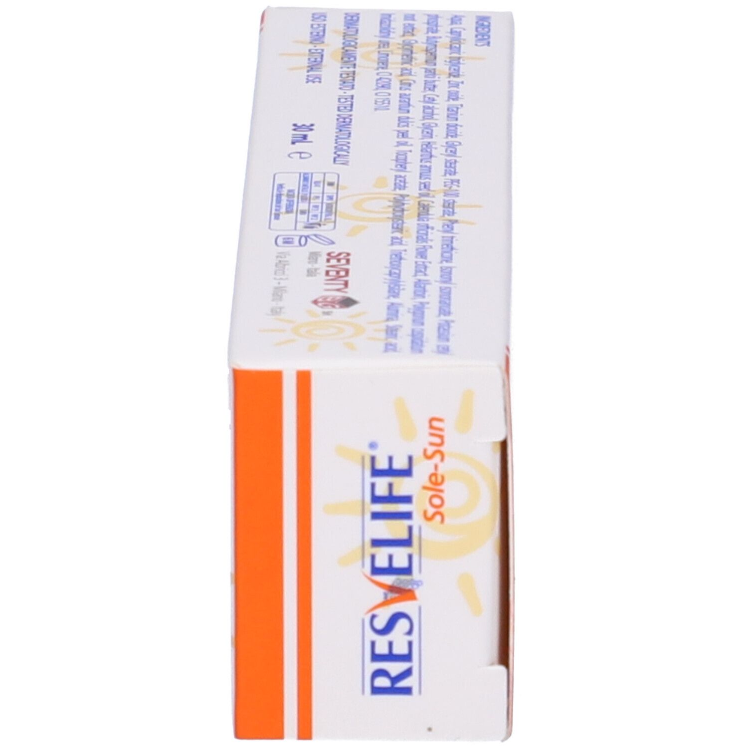 Scatola di crema solare. Scritto: Resvelife Sole-Sun. Testo: 30 ml. Logo: Seventy. Informazioni sulla durata e numero di lotto.