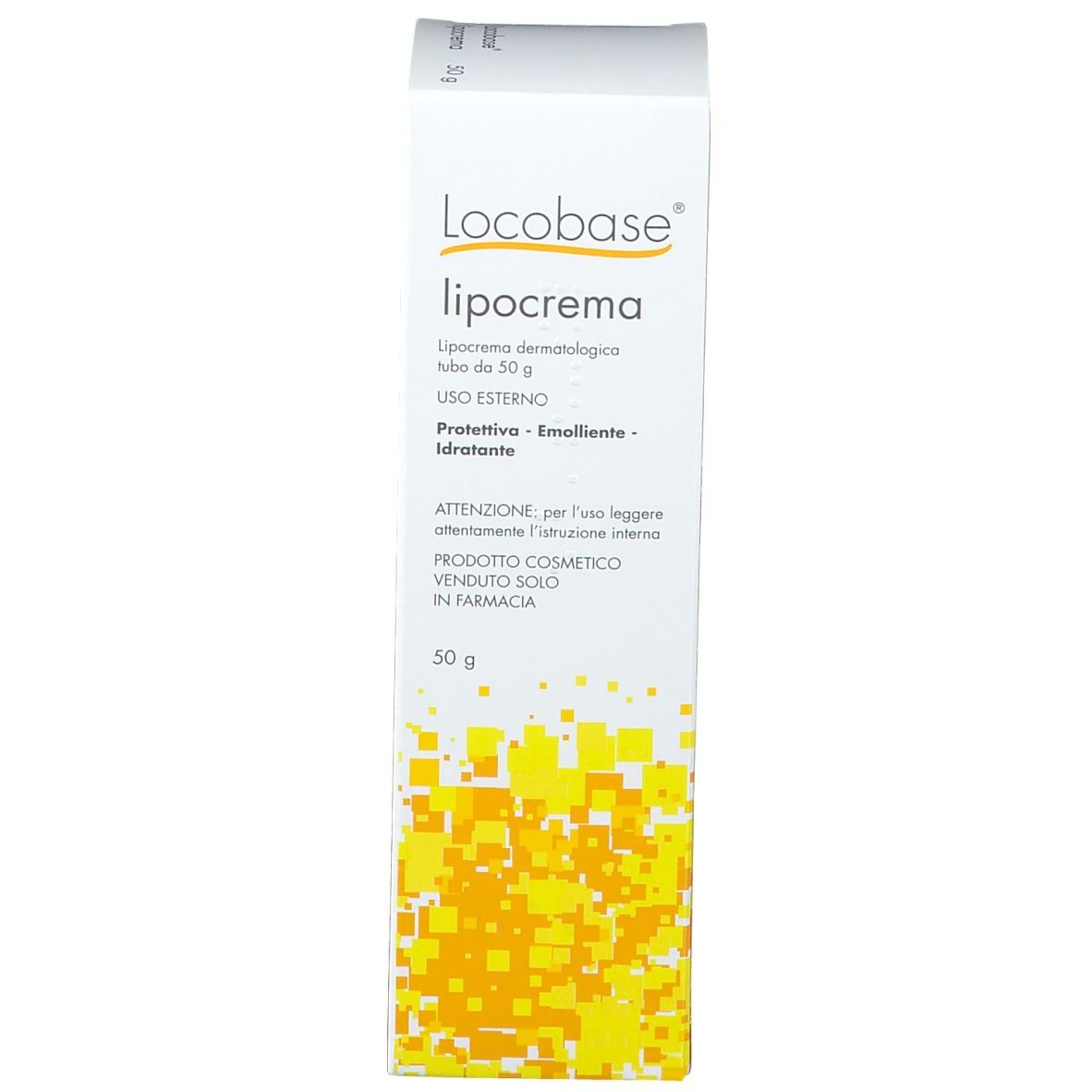 Weiße Schachtel mit Produktinformationen. Aufschrift: Locobase lipocrema. Produktname und weitere Angaben.