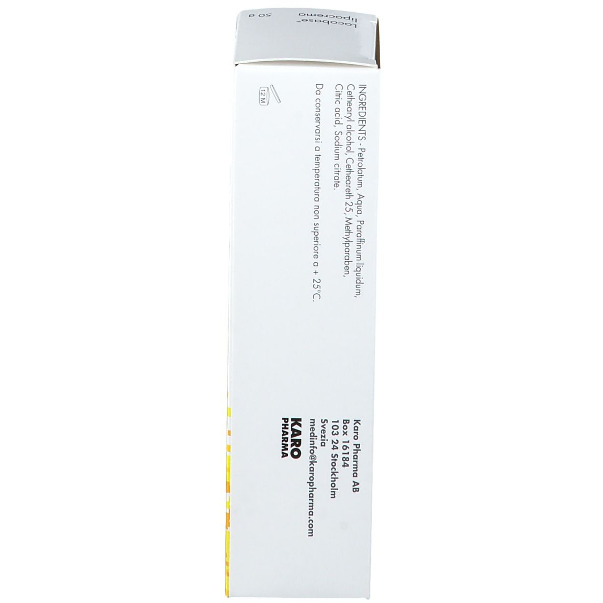 Seitenansicht der Produktverpackung. Herstellerinformationen und Inhaltsstoffe sind aufgedruckt.
