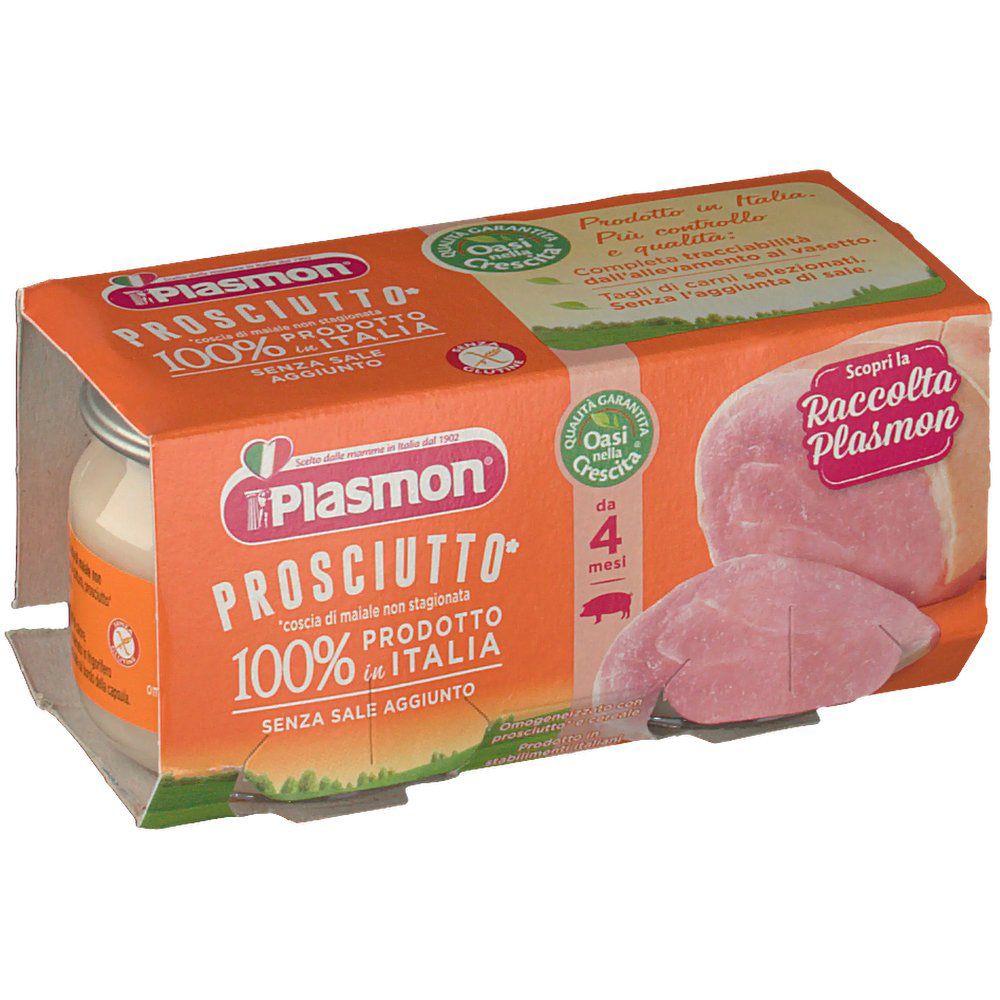 Verpackung mit Gläsern Babynahrung. Aufschrift: Plasmon Prosciutto, 100% Produkt aus Italien, ohne Salzzusatz.