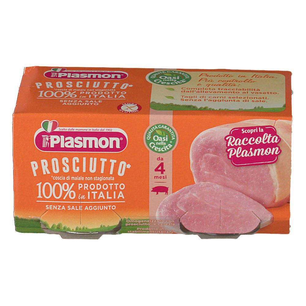 Verpackung mit Gläsern Babynahrung. Aufschrift: Plasmon Prosciutto, 100% Produkt aus Italien, ohne Salzzusatz.