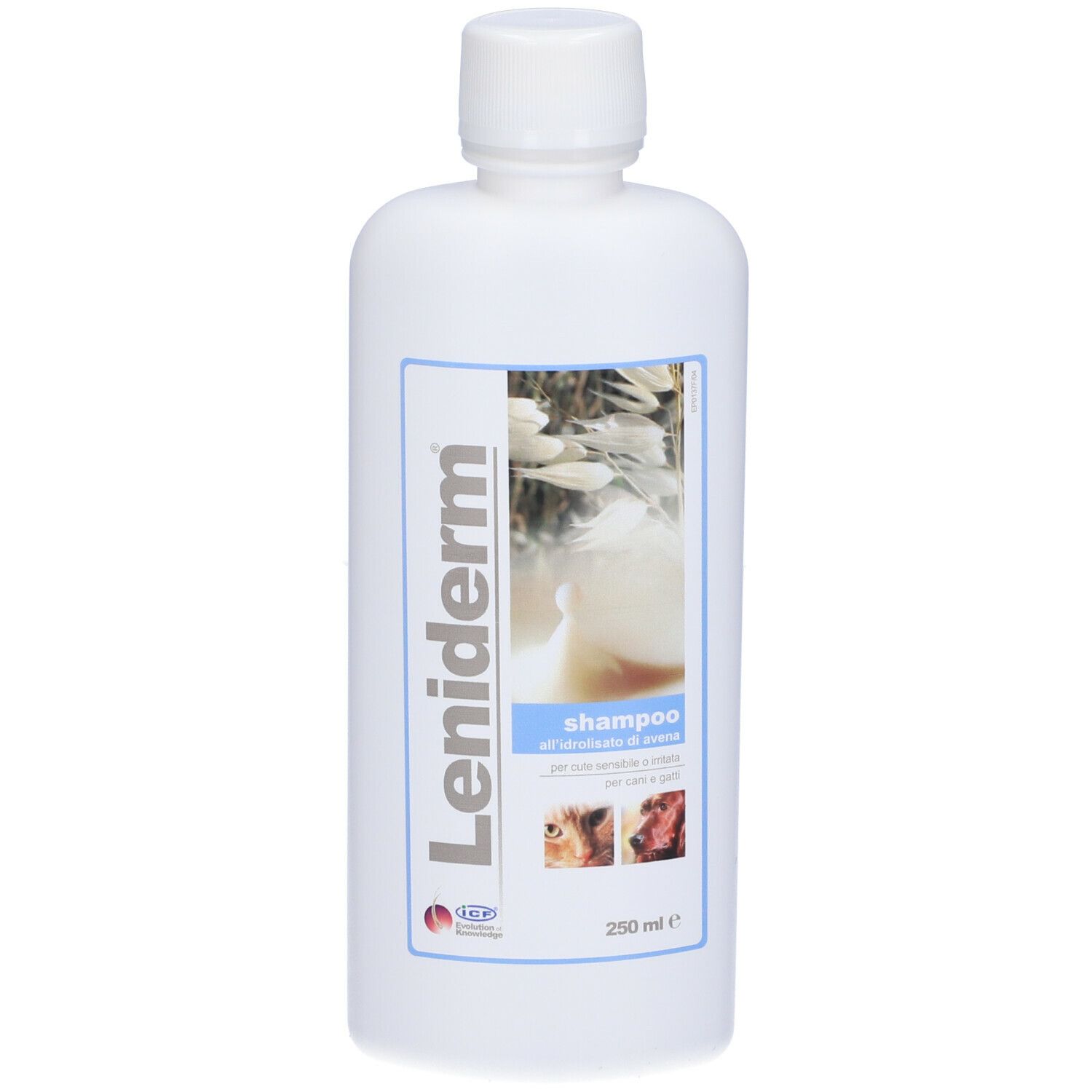 Flacone bianco con tappo bianco. Etichetta con logo Leniderm e informazioni sul prodotto. Immagine di spighe d'avena. Testo: Shampoo.