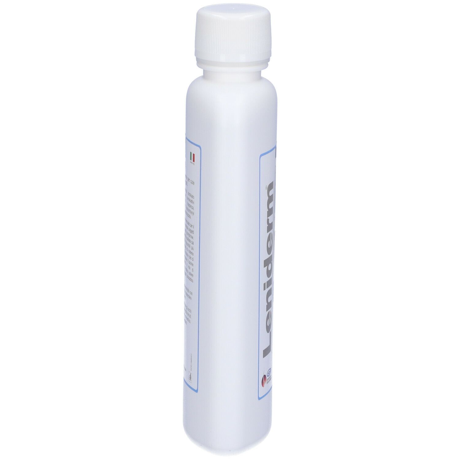 Flacone bianco con tappo bianco. Etichetta con informazioni sul prodotto e logo Leniderm. Bandiera italiana. Testo in italiano.