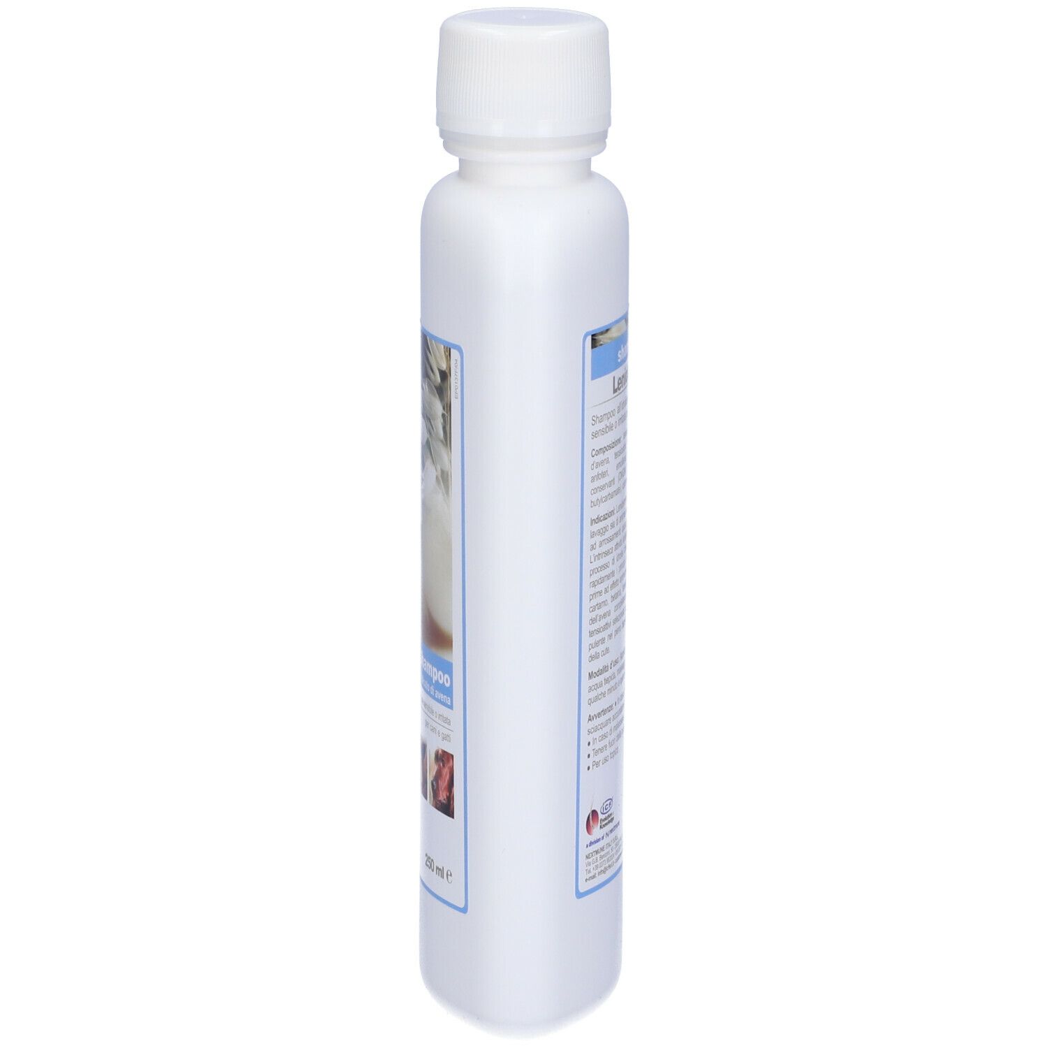 Flacone bianco con tappo bianco. Etichetta con informazioni sul prodotto e logo Leniderm. Immagine di spighe d'avena. Testo: Shampoo.