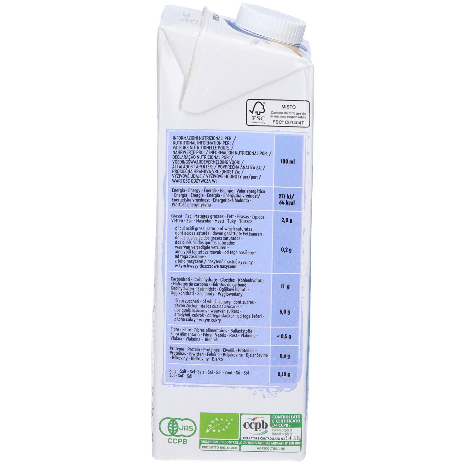 Retro della confezione. Informazioni nutrizionali, certificazione bio, logo FSC. 100 ml.