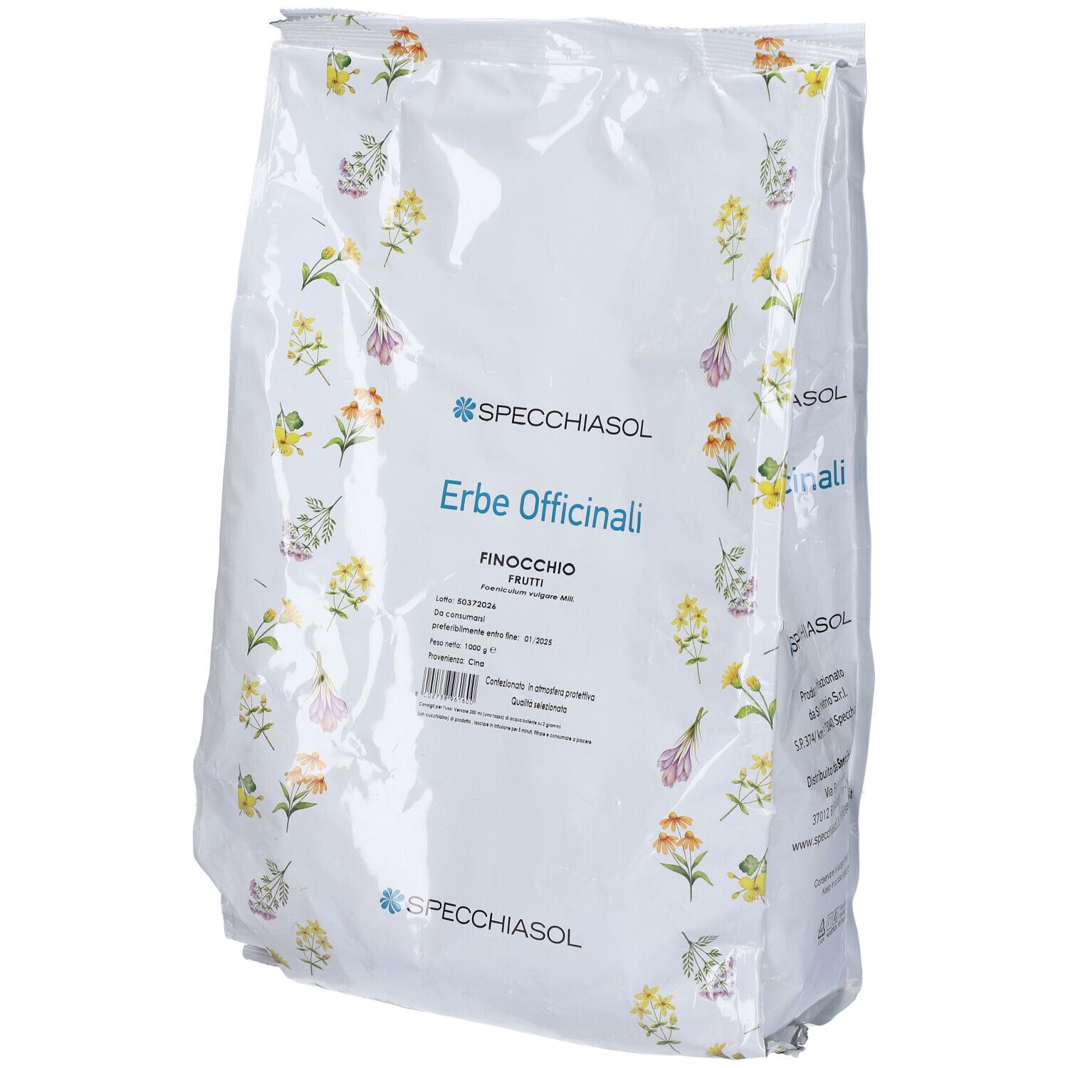 Sacchetto bianco con motivo floreale. Logo SPECCHIASOL e testo: Erbe Officinali, Finocchio. Codice a barre e altre informazioni.